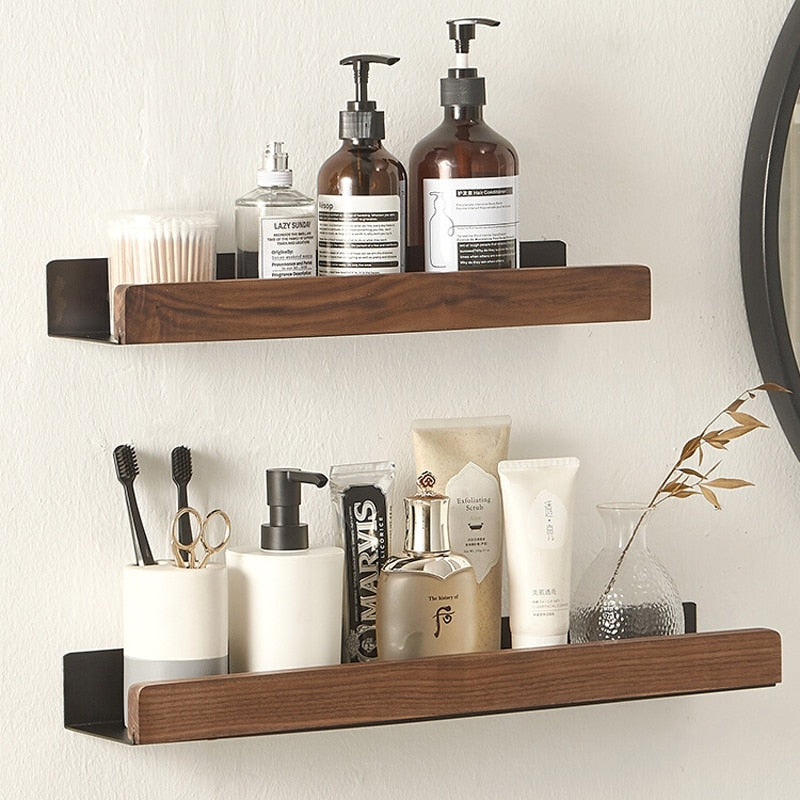 Nordic style wall-mounted bathroom rack made of solid wood, perfect for storage and organization in shower rooms and kitchens.