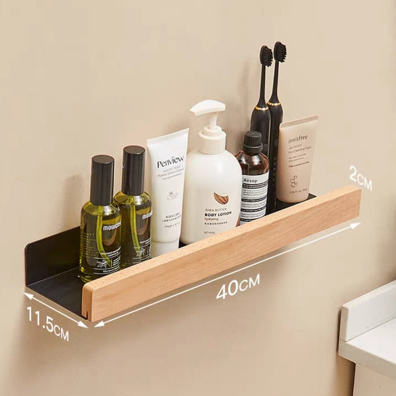 Nordic style wall-mounted bathroom rack made of solid wood, perfect for storage and organization in shower rooms and kitchens.