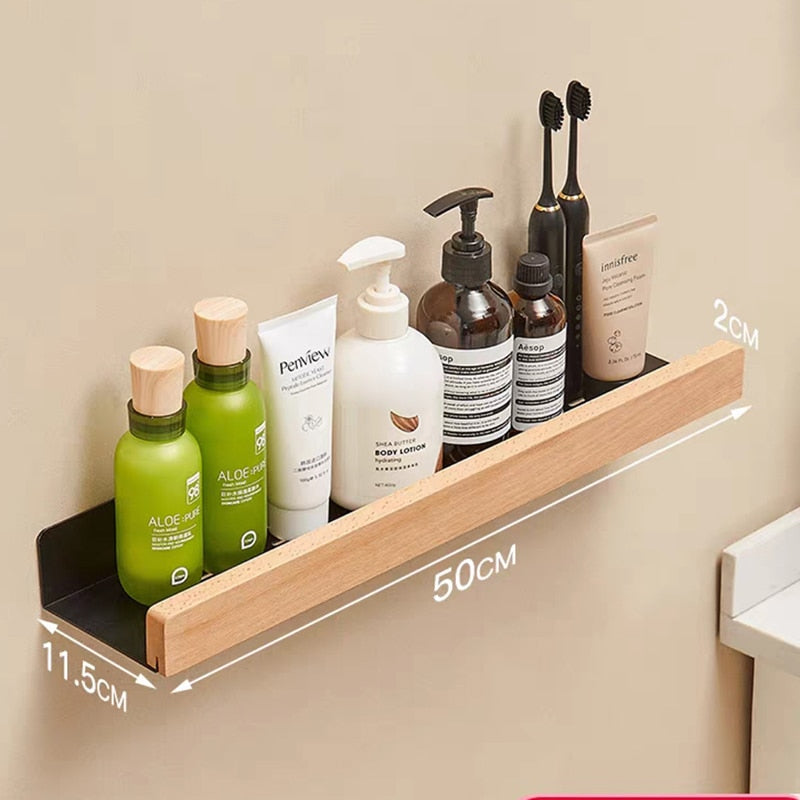 Nordic style wall-mounted bathroom rack made of solid wood, perfect for storage and organization in shower rooms and kitchens.