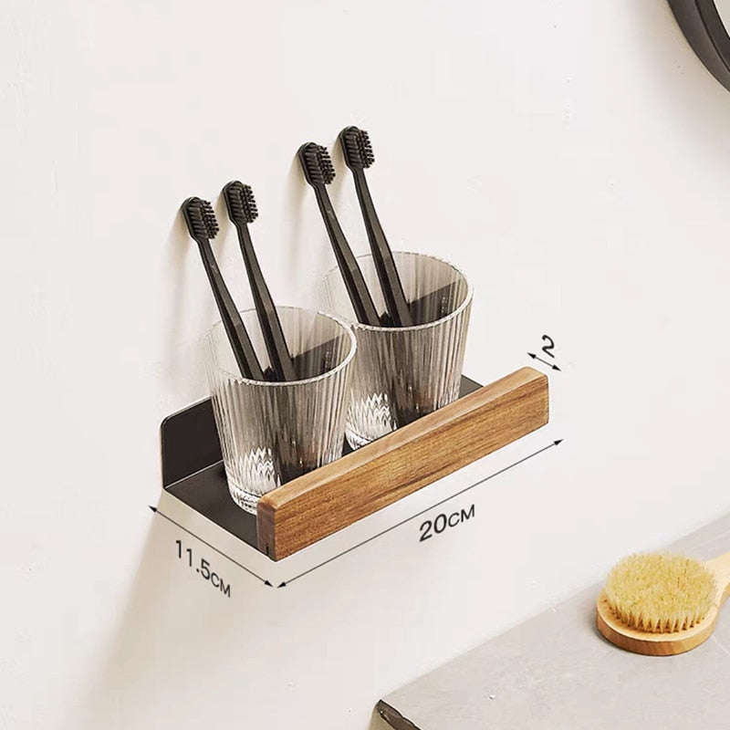 Nordic style wall-mounted bathroom rack made of solid wood, perfect for storage and organization in shower rooms and kitchens.