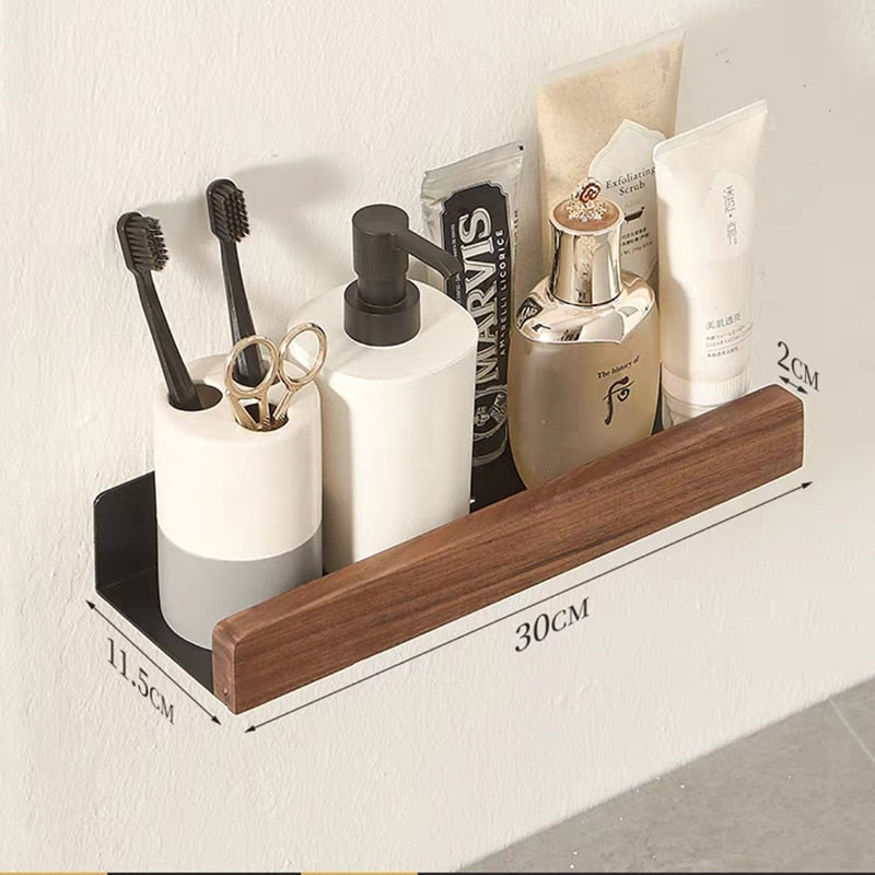 Nordic style wall-mounted bathroom rack made of solid wood, perfect for storage and organization in shower rooms and kitchens.