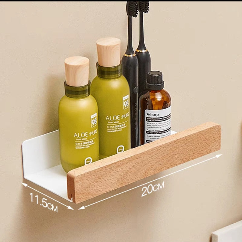 Nordic style wall-mounted bathroom rack made of solid wood, perfect for storage and organization in shower rooms and kitchens.