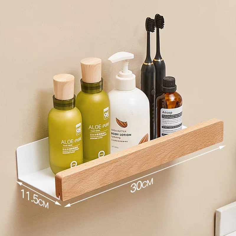 Nordic style wall-mounted bathroom rack made of solid wood, perfect for storage and organization in shower rooms and kitchens.