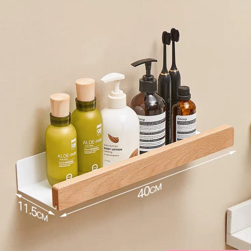 Nordic style wall-mounted bathroom rack made of solid wood, perfect for storage and organization in shower rooms and kitchens.