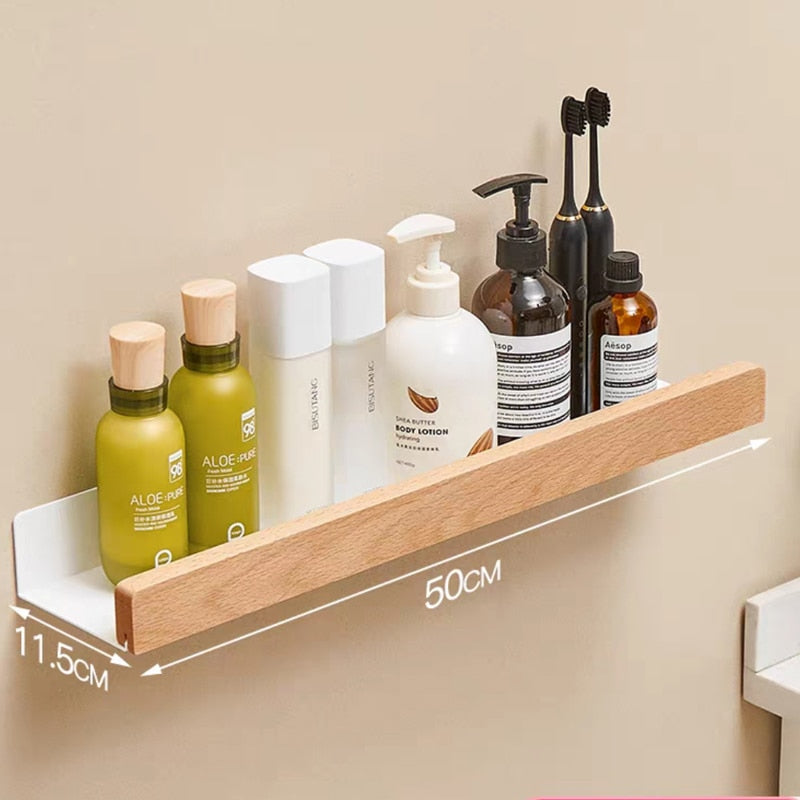 Nordic style wall-mounted bathroom rack made of solid wood, perfect for storage and organization in shower rooms and kitchens.