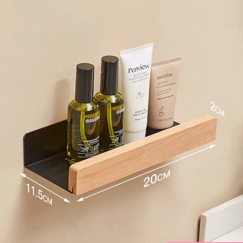 Nordic style wall-mounted bathroom rack made of solid wood, perfect for storage and organization in shower rooms and kitchens.