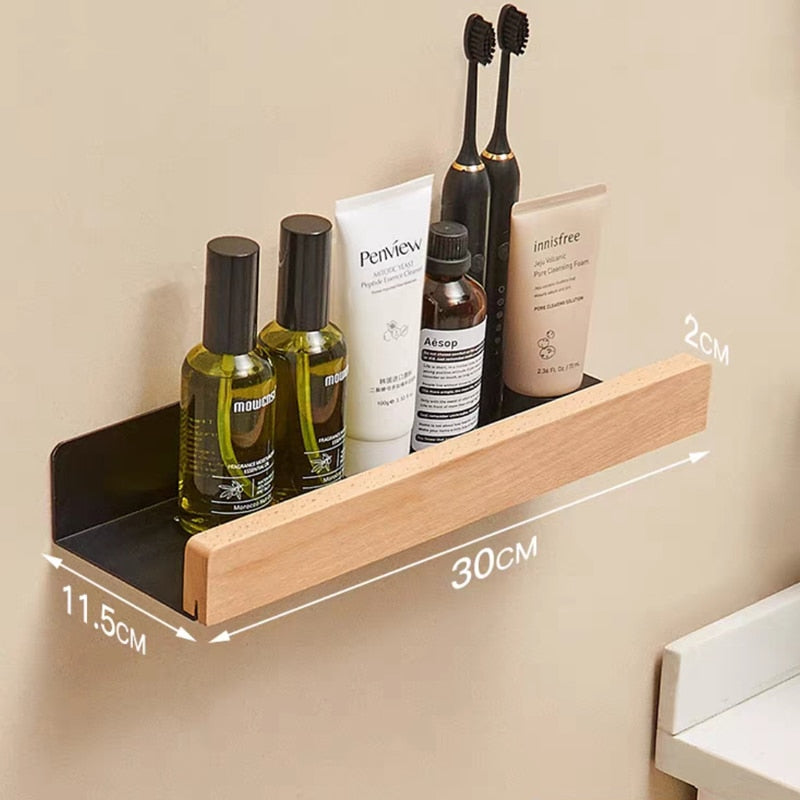 Nordic style wall-mounted bathroom rack made of solid wood, perfect for storage and organization in shower rooms and kitchens.
