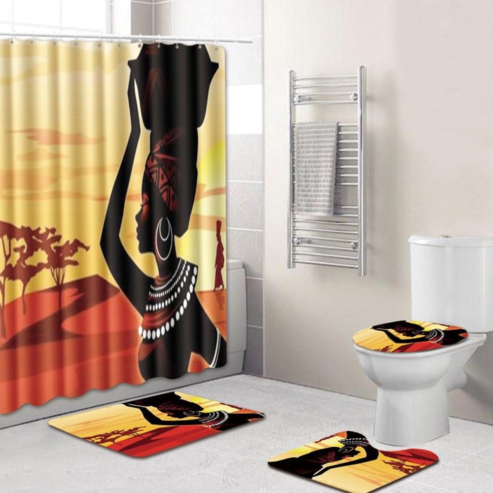 African Woman Printed Shower Curtain, showcasing vibrant colors and intricate design, perfect for bathroom decor.