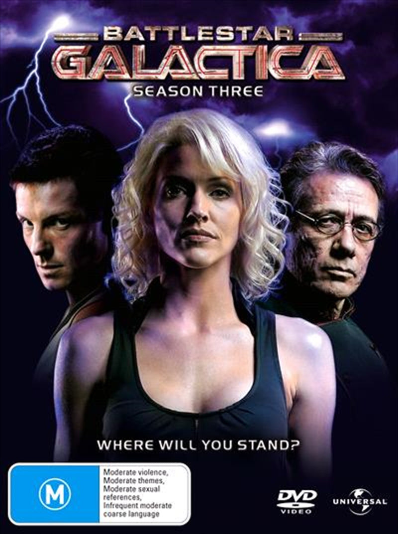 Battlestar Galactica Season 3 DVD in slimline packaging featuring intense sci-fi artwork.