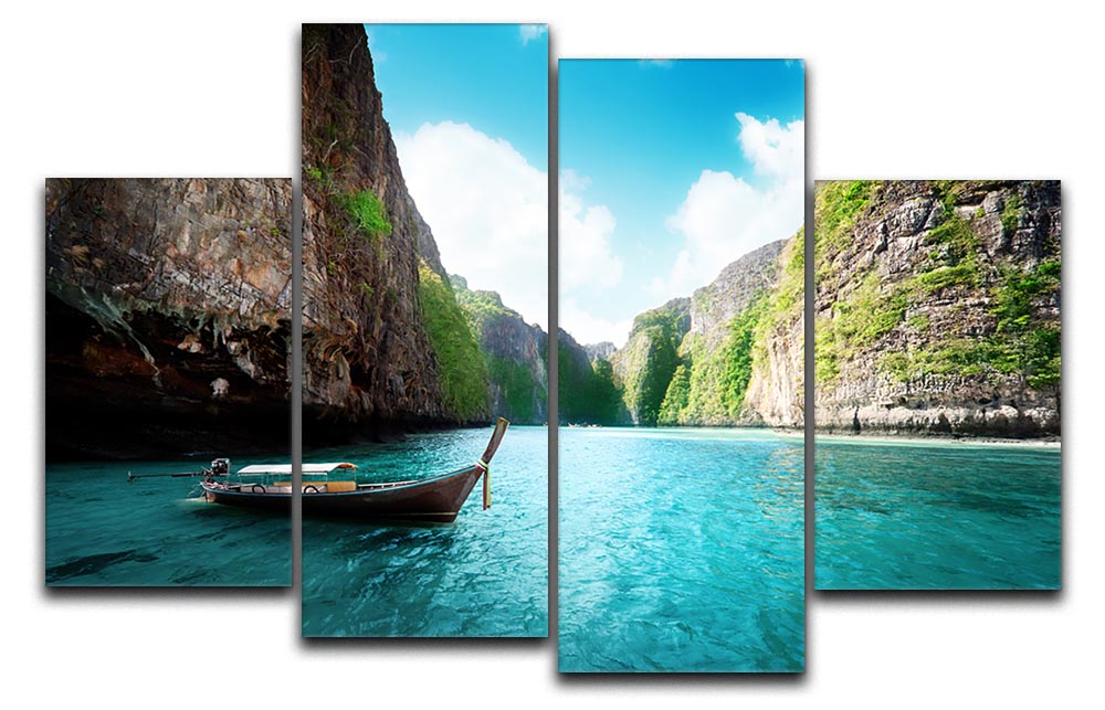 A beautiful 4-split canvas artwork depicting the stunning bay at Phi Phi Island in Thailand, showcasing vibrant colors and serene landscapes.