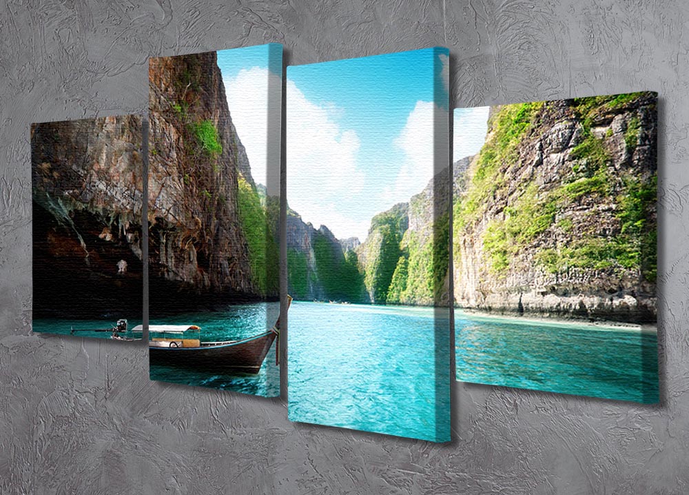 A beautiful 4-split canvas artwork depicting the stunning bay at Phi Phi Island in Thailand, showcasing vibrant colors and serene landscapes.