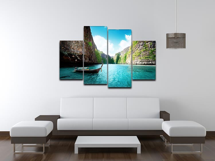 A beautiful 4-split canvas artwork depicting the stunning bay at Phi Phi Island in Thailand, showcasing vibrant colors and serene landscapes.