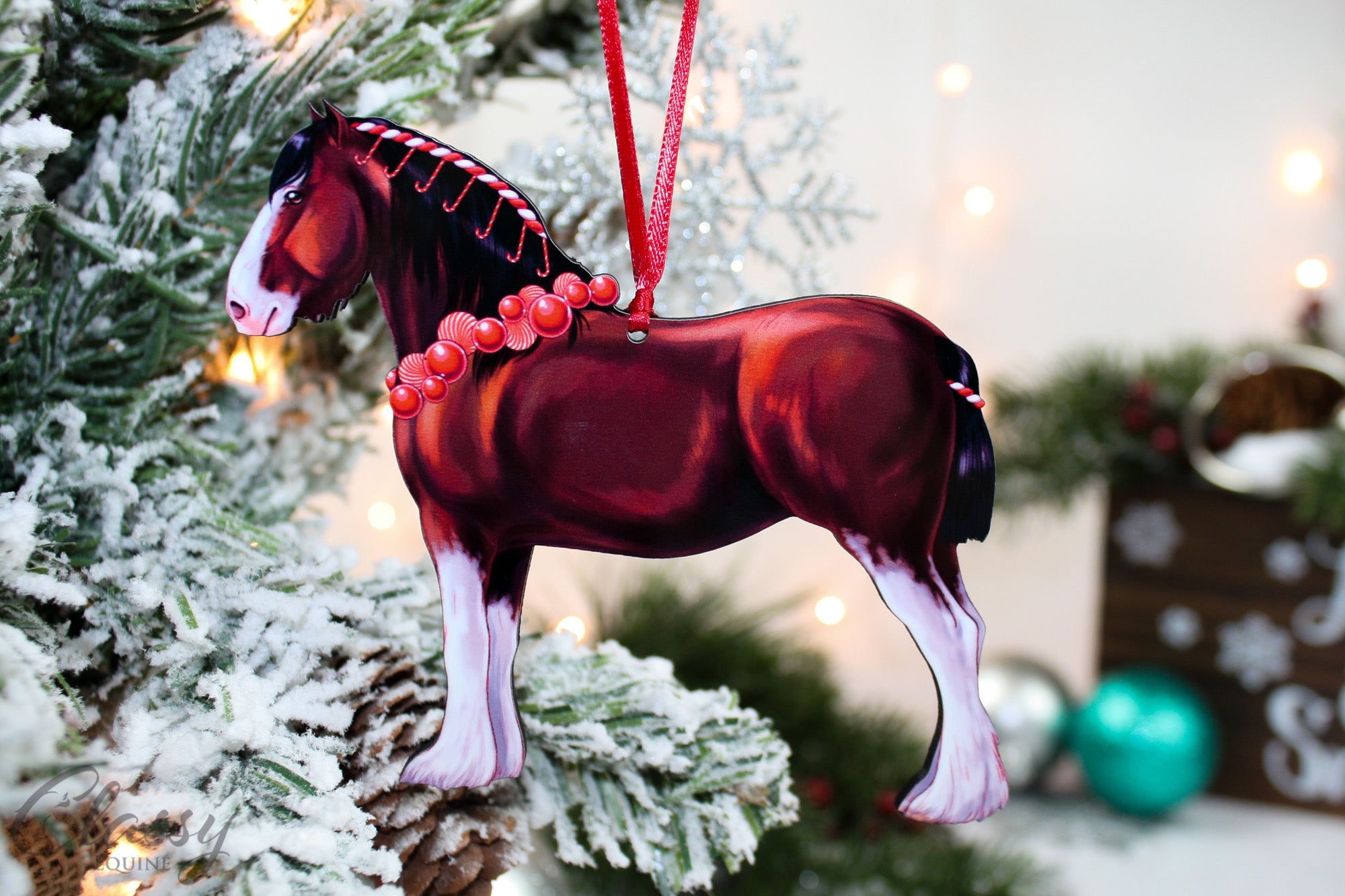 A beautifully handcrafted Bay Clydesdale Horse Christmas ornament made of composite wood, showcasing intricate laser-cut details.