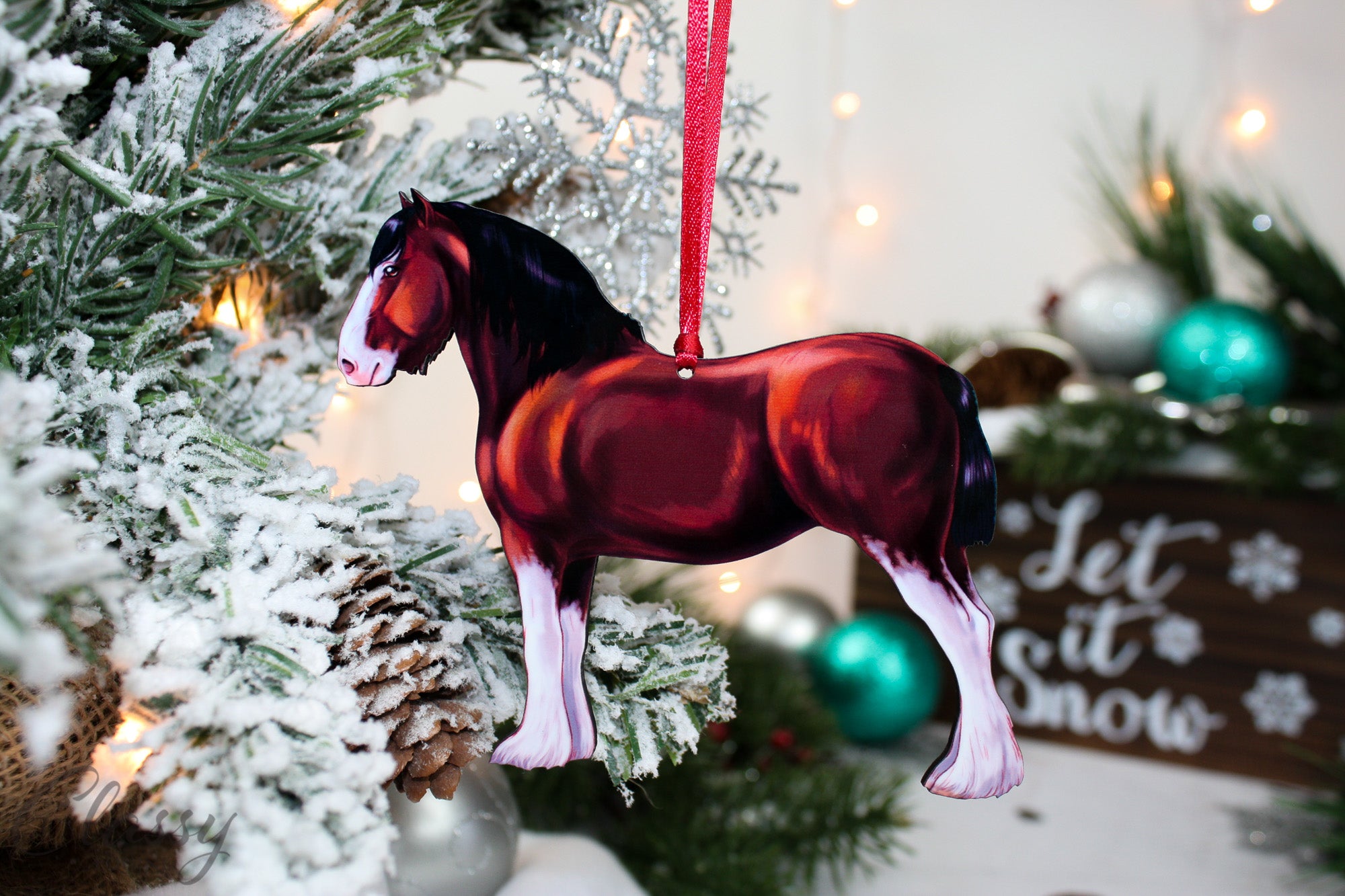A beautifully crafted Bay Clydesdale Horse ornament made from composite wood, showcasing intricate laser-cut details.