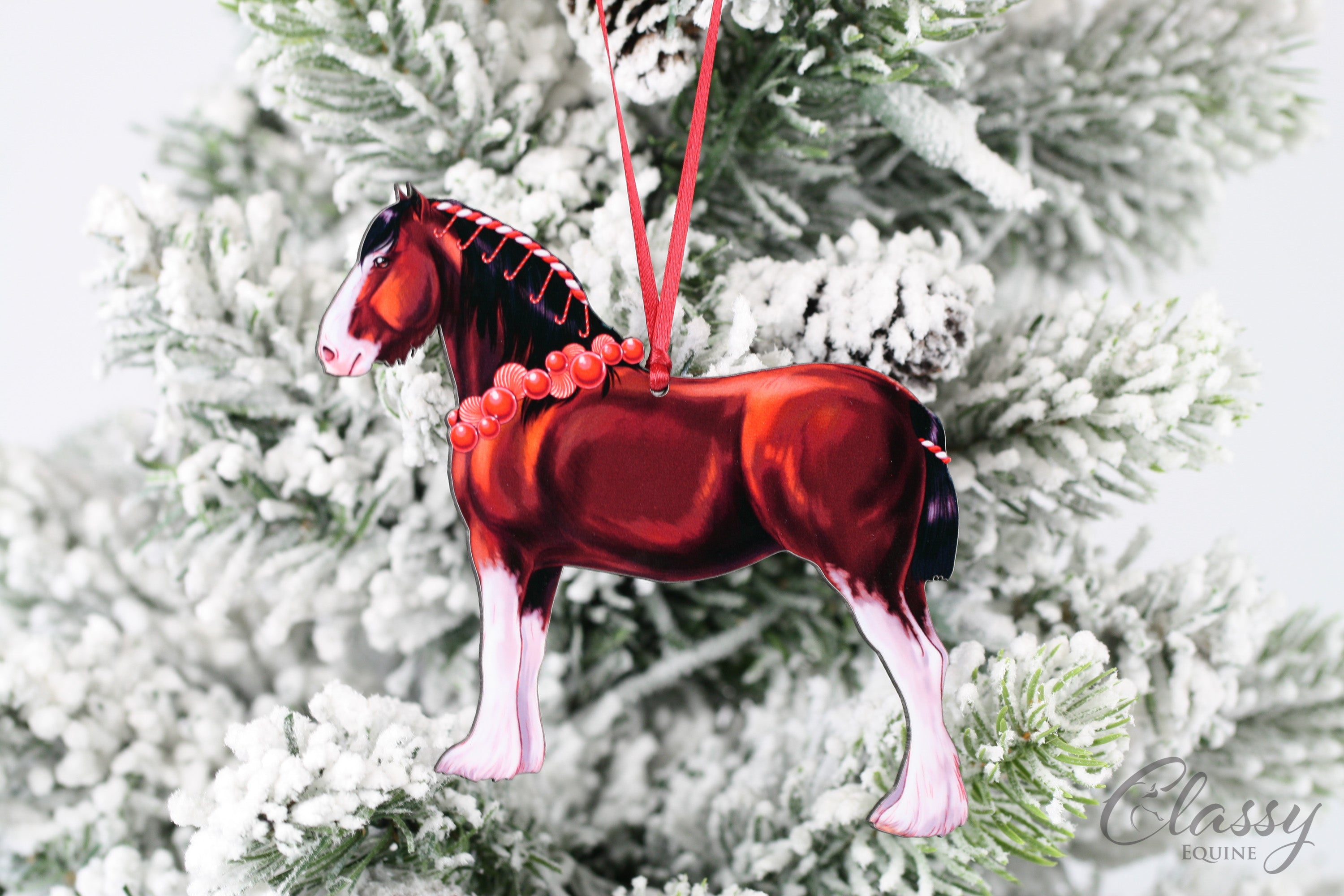 A beautifully crafted Bay Clydesdale Horse ornament made from composite wood, showcasing intricate laser-cut details.