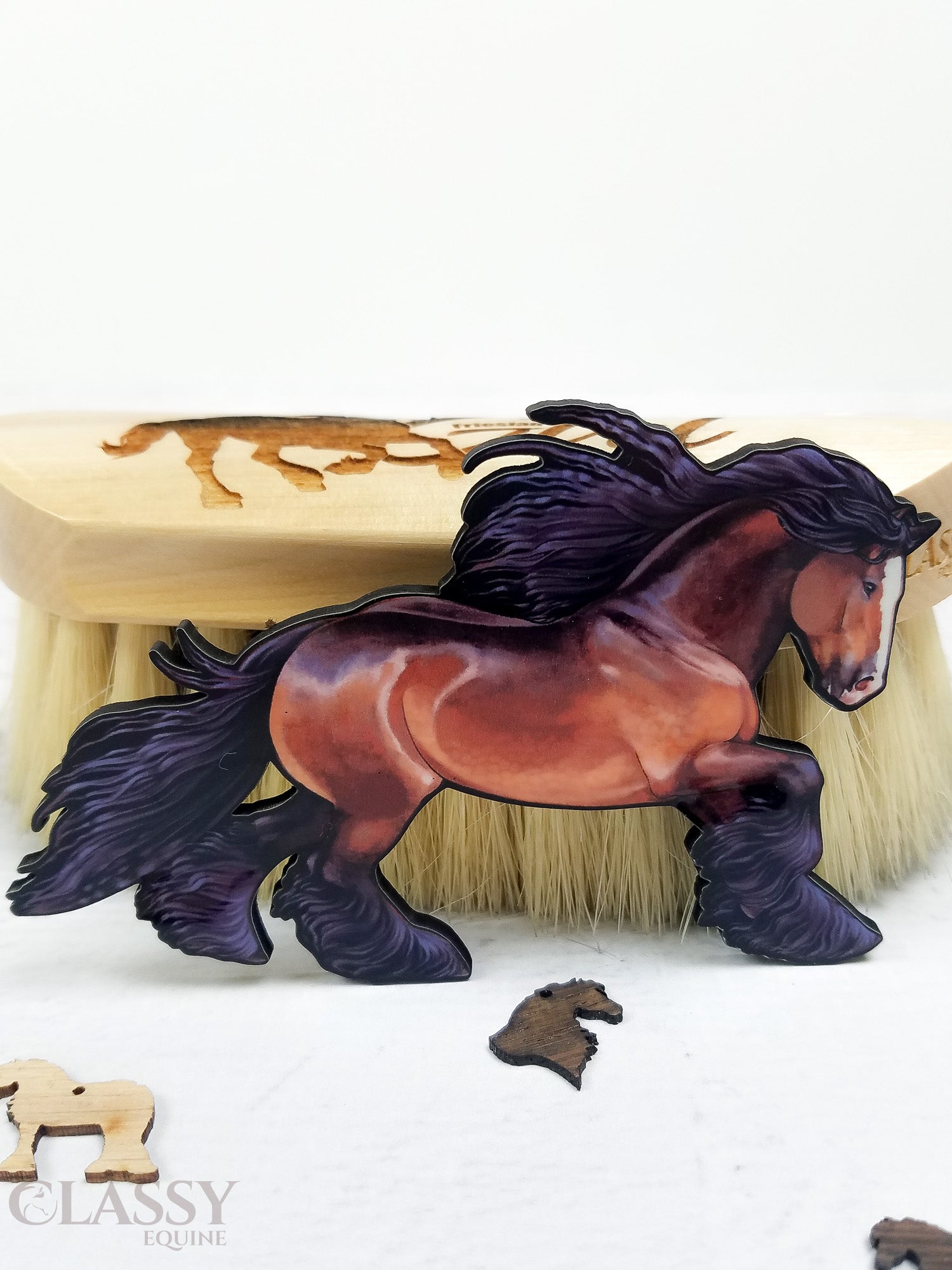 A beautifully crafted Bay Gypsy Vanner Horse Ornament made from composite wood, featuring intricate laser-cut details and a ribbon for hanging.