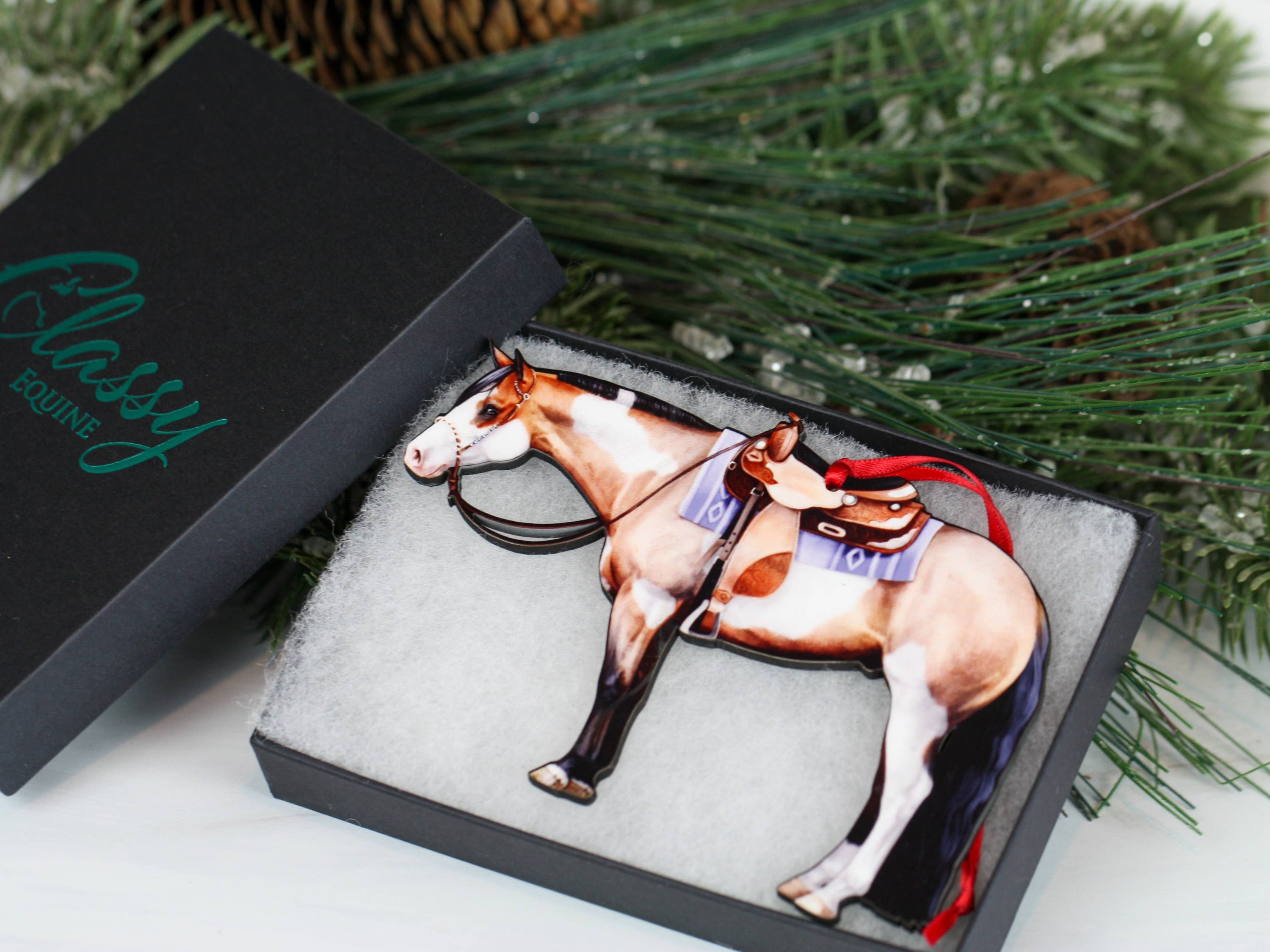 Bay Roan Tobiano Western Pleasure Paint Horse ornament, handmade from composite wood with glossy finish and red and black ribbons for hanging.