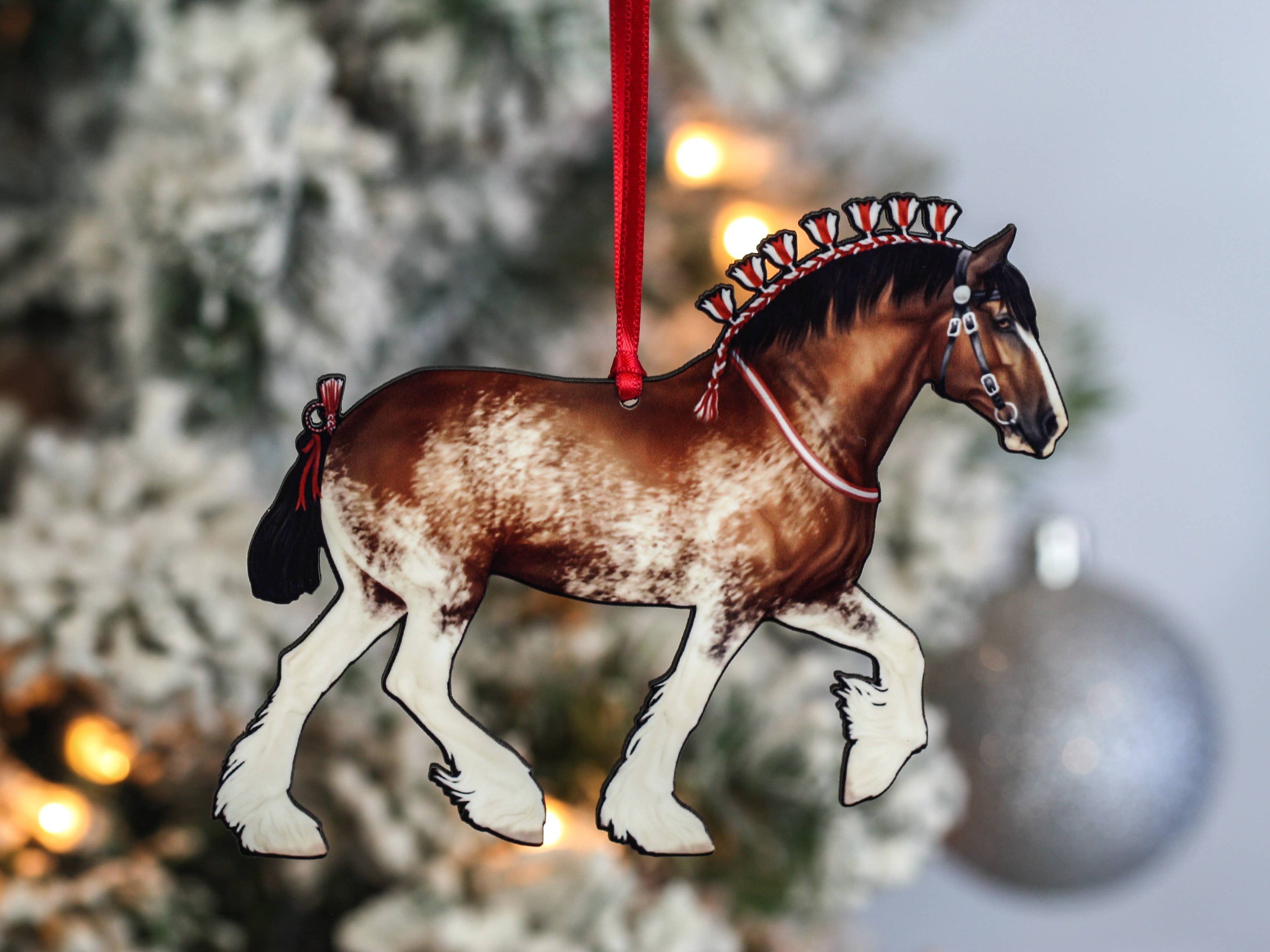 Bay Sabino Shire Draft Horse Christmas Ornament featuring a mare or gelding with red and black ribbons, handmade from composite wood.