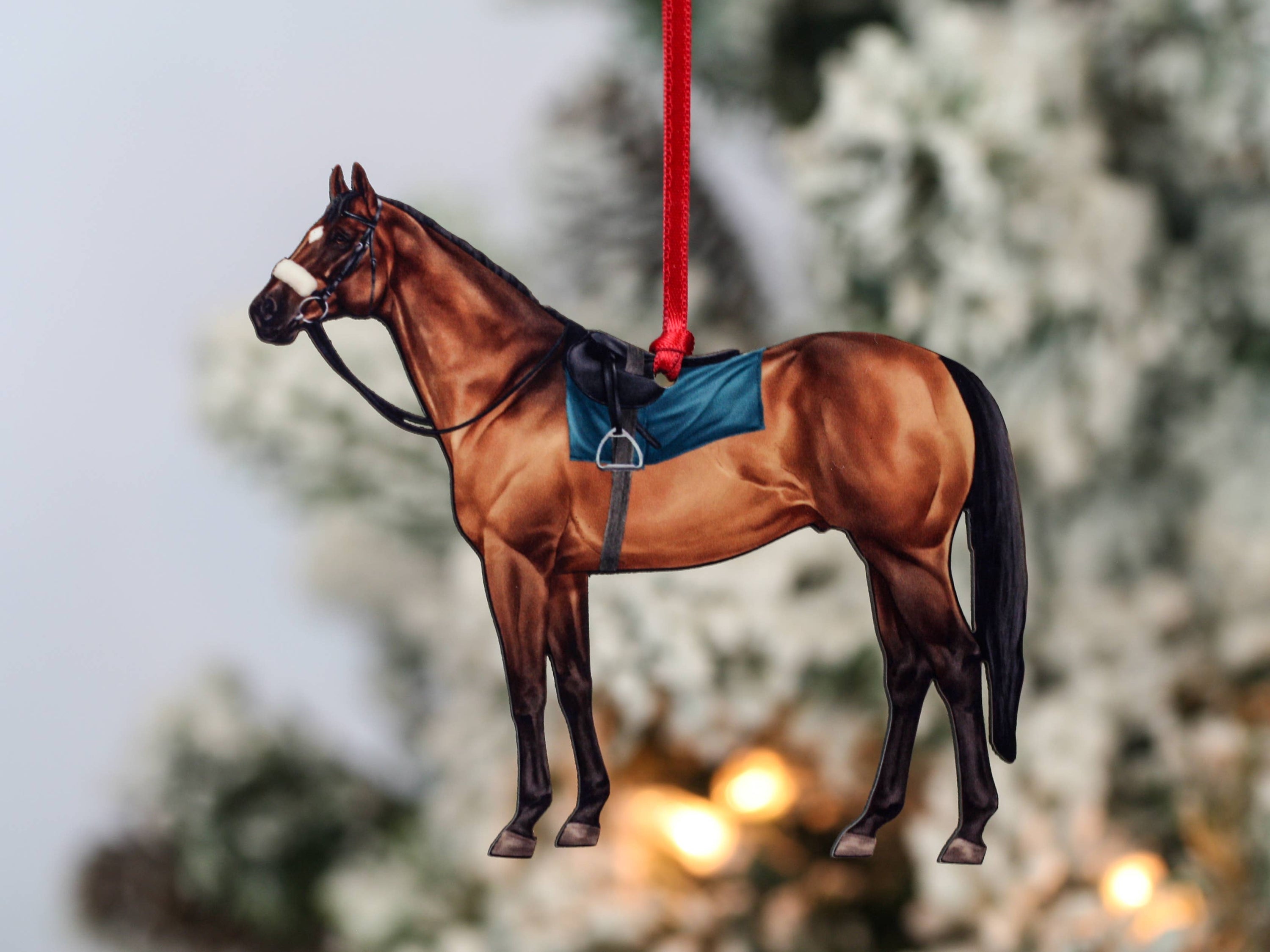 A beautifully crafted bay Thoroughbred Race Horse ornament made from composite wood, featuring glossy artwork and a dark brown back.