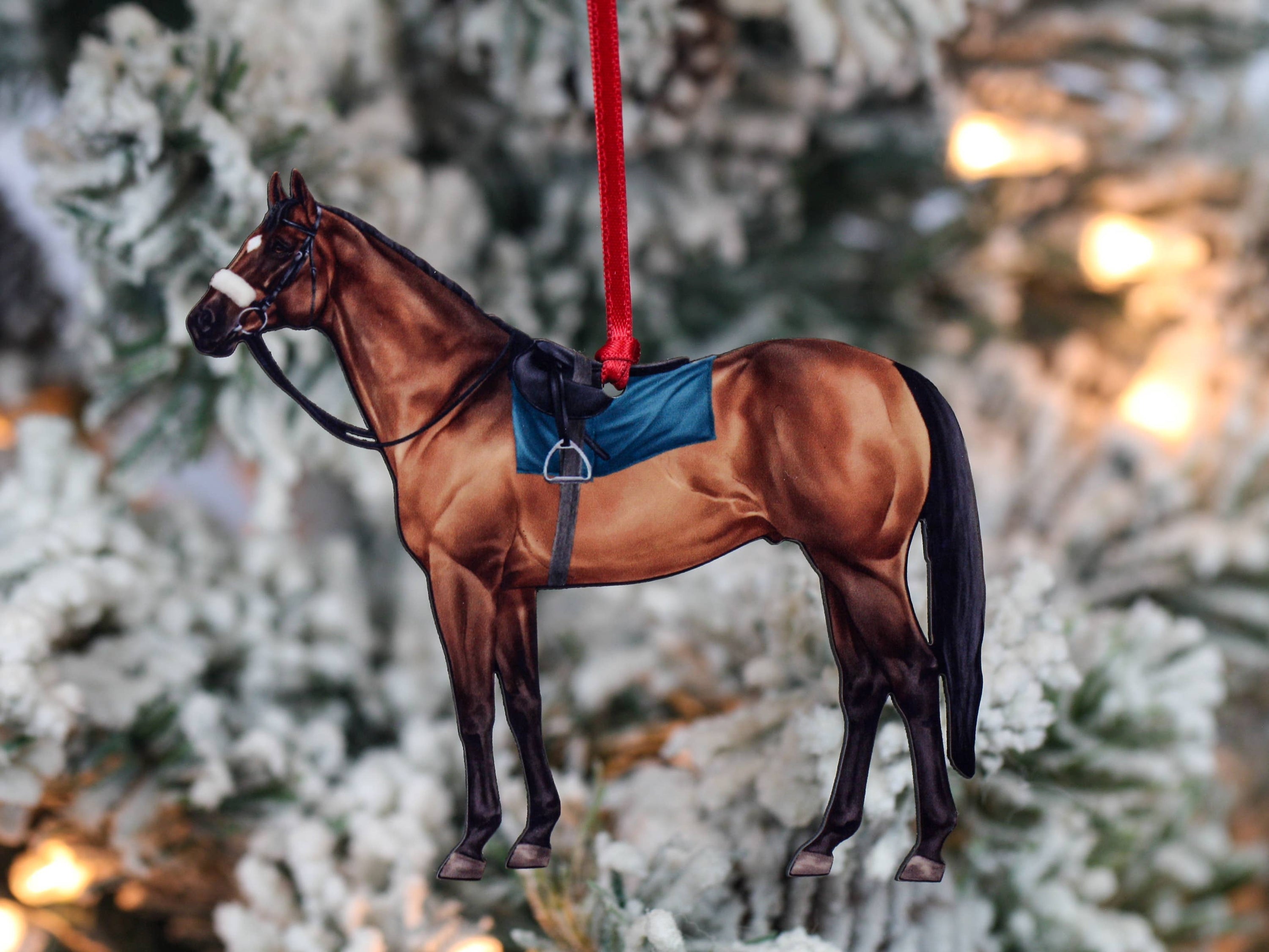 A beautifully crafted bay Thoroughbred Race Horse ornament made from composite wood, featuring glossy artwork and a dark brown back.