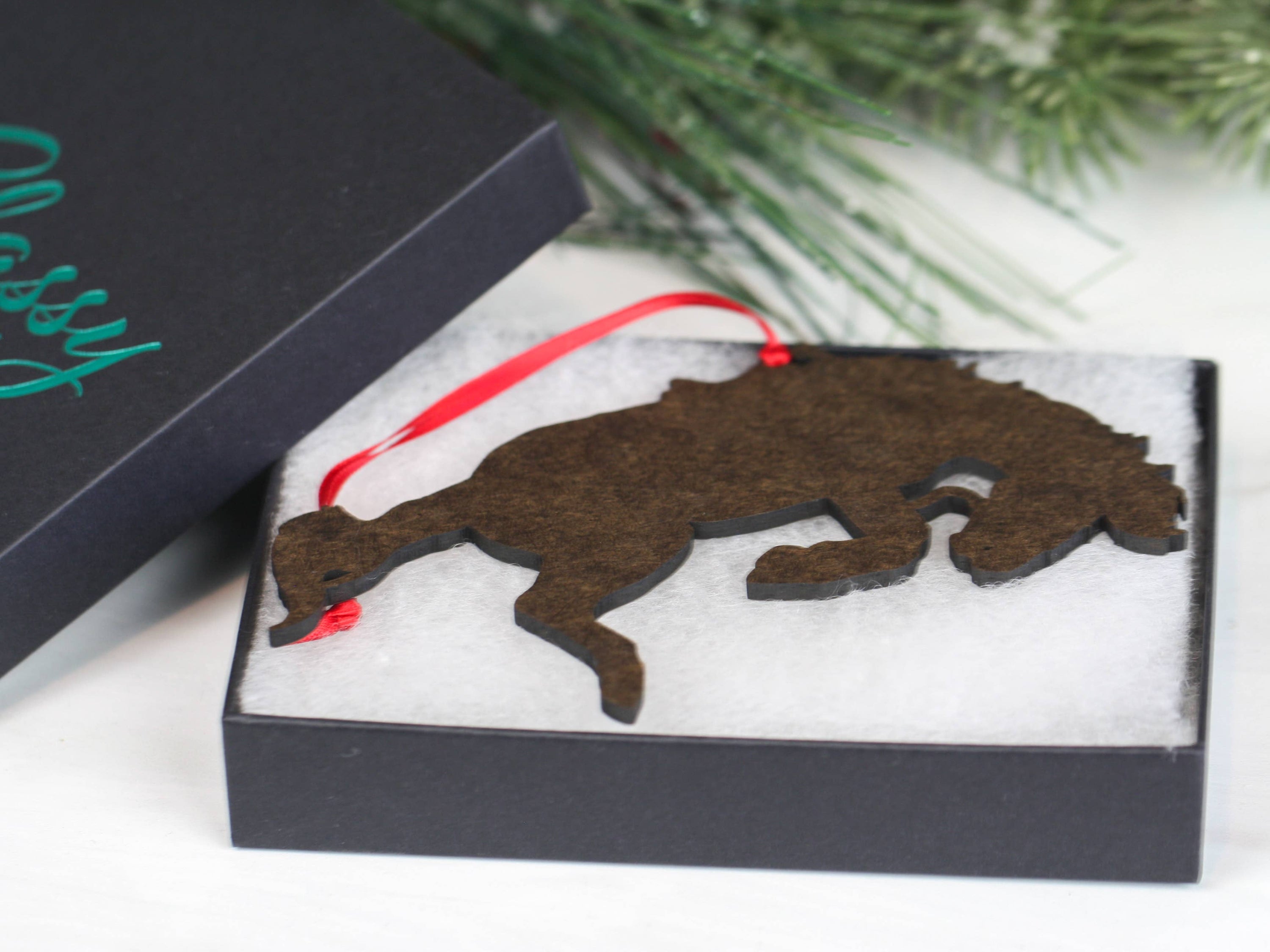 Bay Tobiano Bucking Rodeo Christmas Horse Ornament, handmade from composite wood, featuring a glossy finish and intricate laser-cut design.