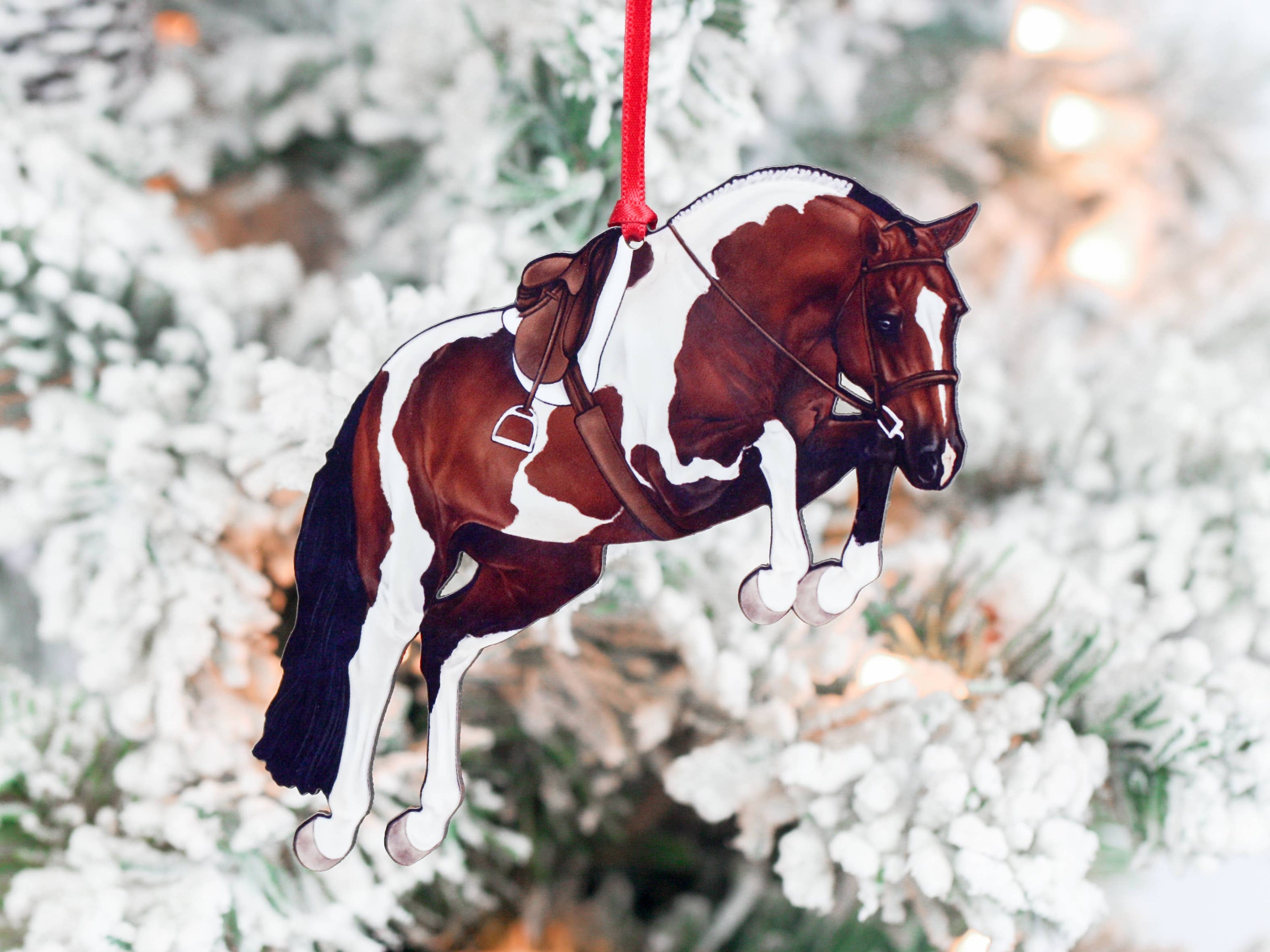 Handmade Bay Tobiano Hunter Jumper Horse Christmas Ornament, featuring a glossy finish and dark brown back, perfect for holiday decor.