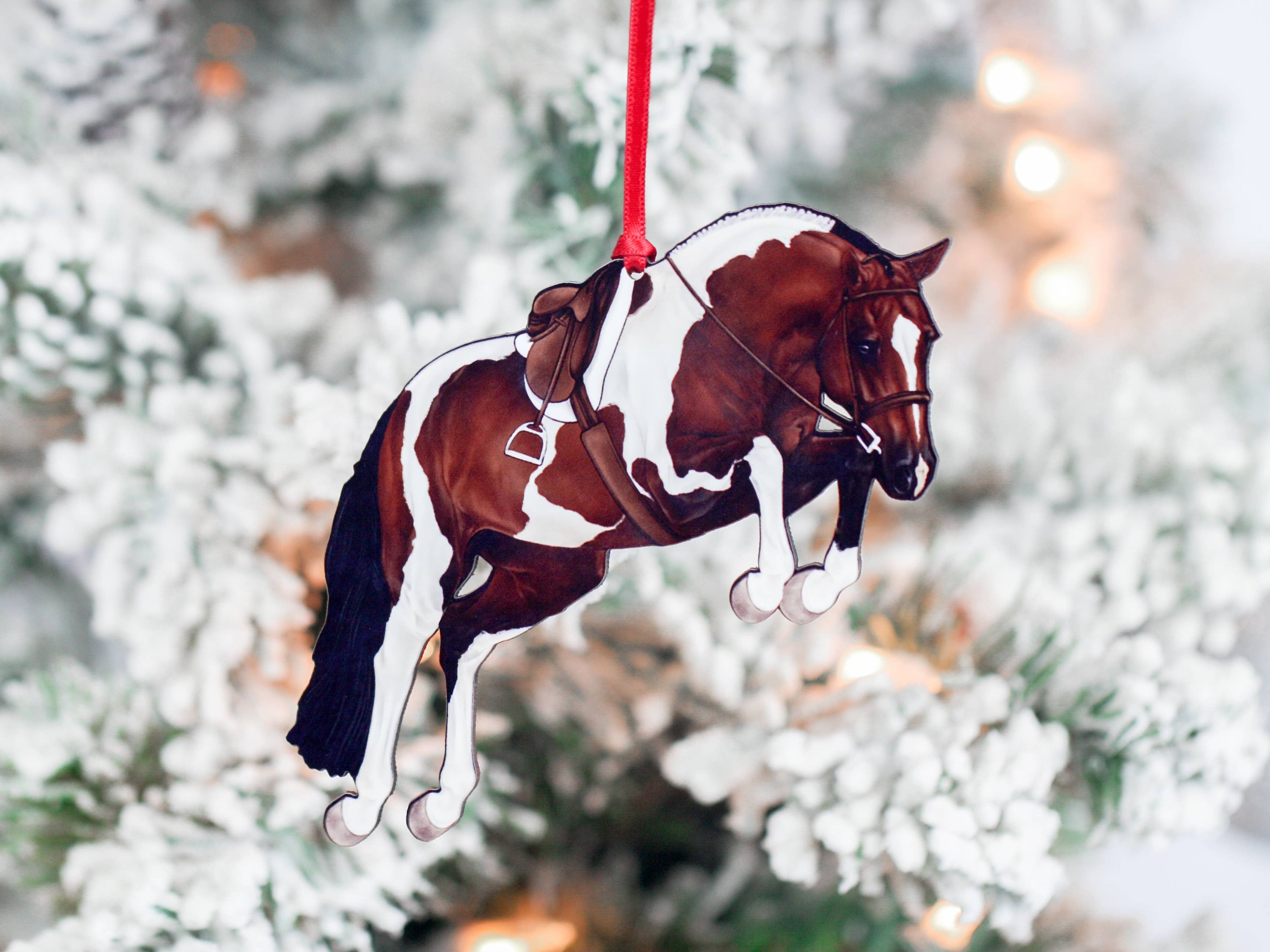 Handmade Bay Tobiano Hunter Jumper Horse Christmas Ornament, featuring a glossy finish and dark brown back, perfect for holiday decor.