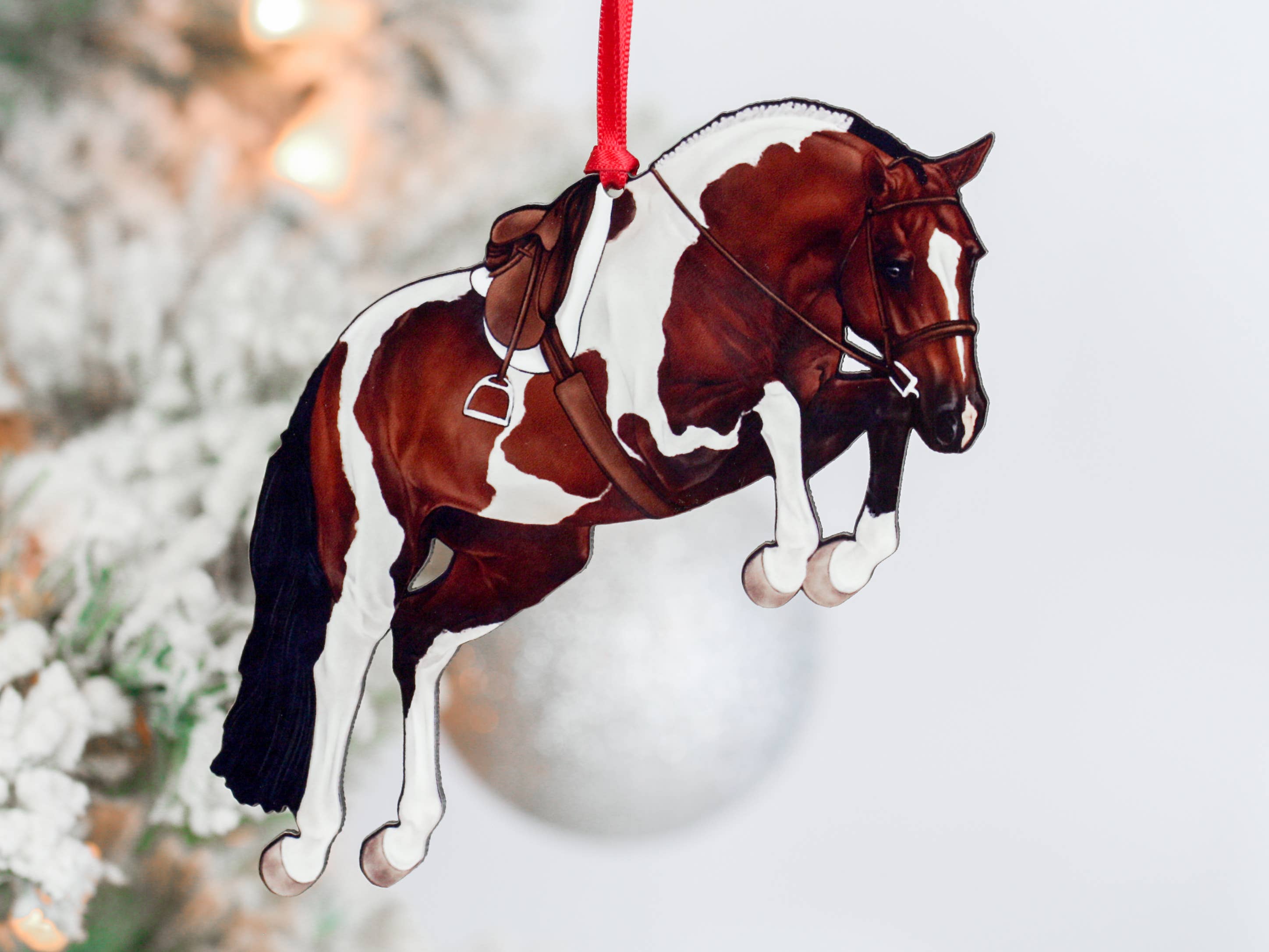 Handmade Bay Tobiano Hunter Jumper Horse Christmas Ornament, featuring a glossy finish and dark brown back, perfect for holiday decor.