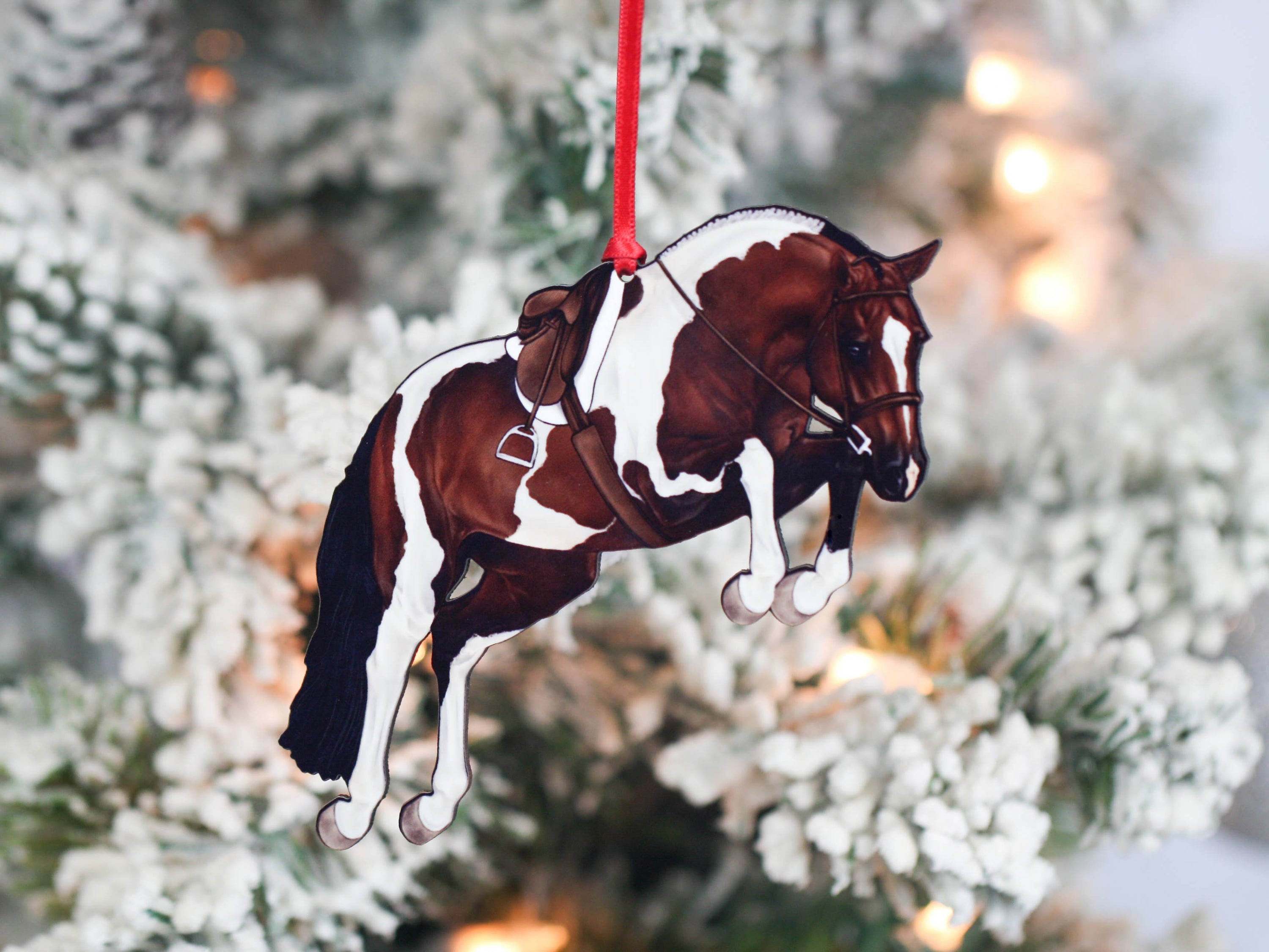 Handmade Bay Tobiano Hunter Jumper Horse Christmas Ornament, featuring a glossy finish and dark brown back, perfect for holiday decor.