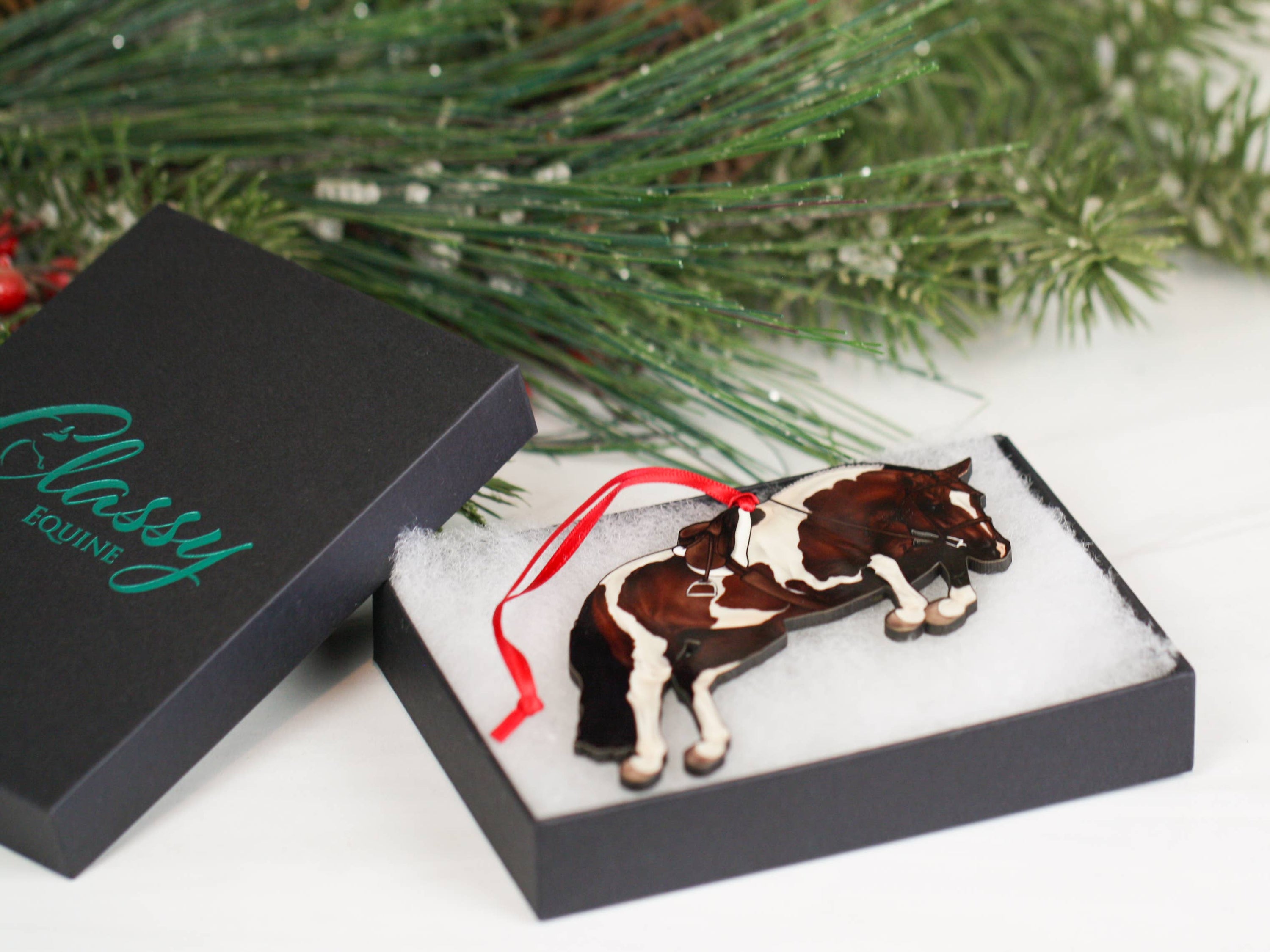 Handmade Bay Tobiano Hunter Jumper Horse Christmas Ornament, featuring a glossy finish and dark brown back, perfect for holiday decor.