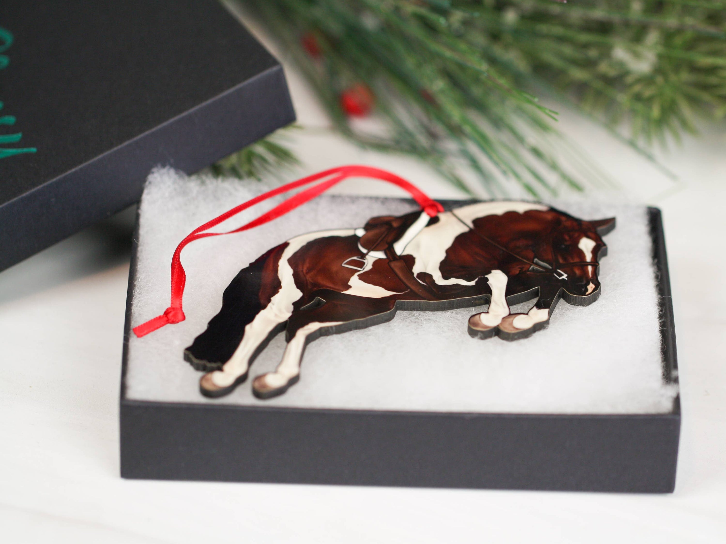 Handmade Bay Tobiano Hunter Jumper Horse Christmas Ornament, featuring a glossy finish and dark brown back, perfect for holiday decor.