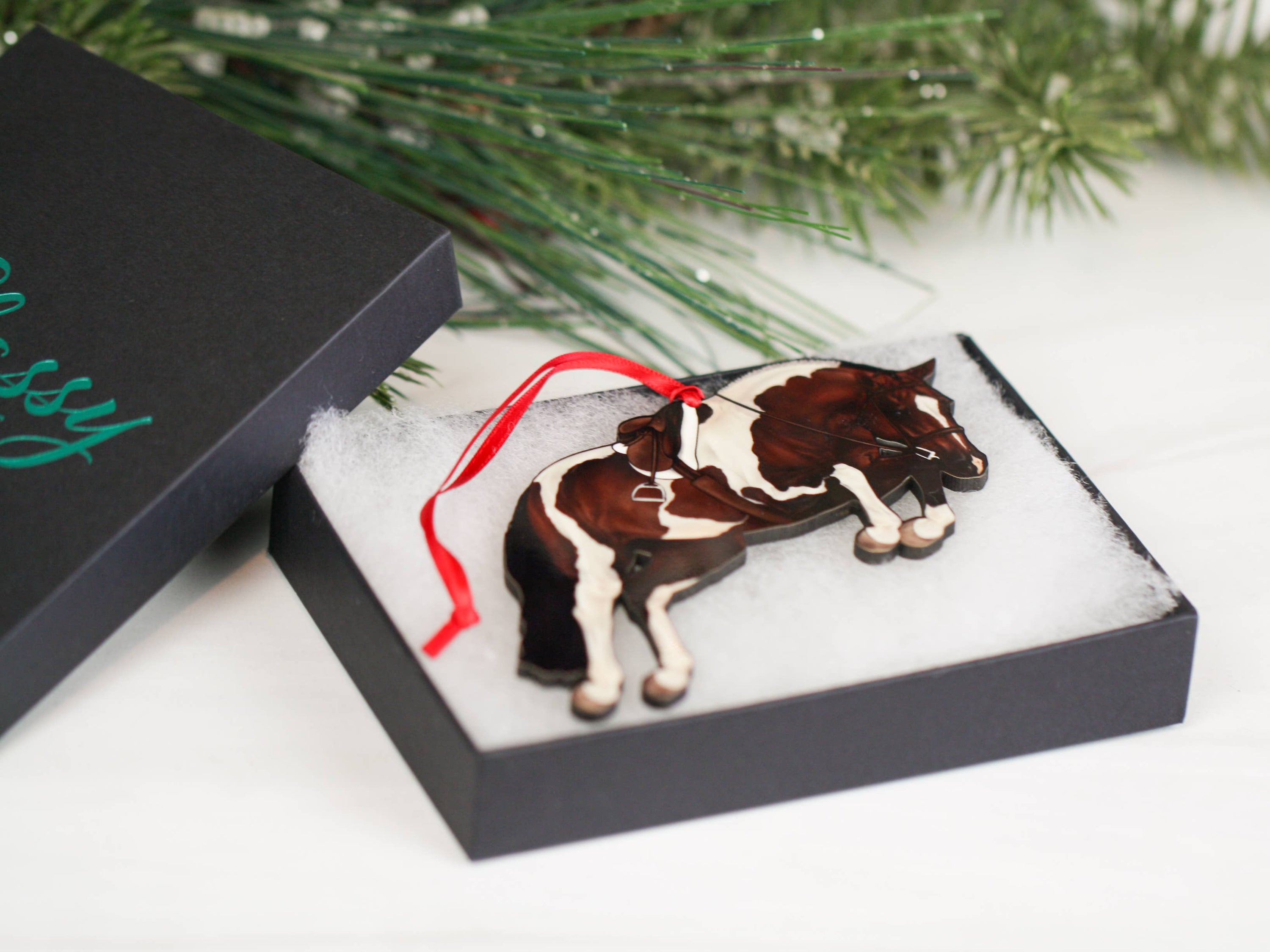 Handmade Bay Tobiano Hunter Jumper Horse Christmas Ornament, featuring a glossy finish and dark brown back, perfect for holiday decor.