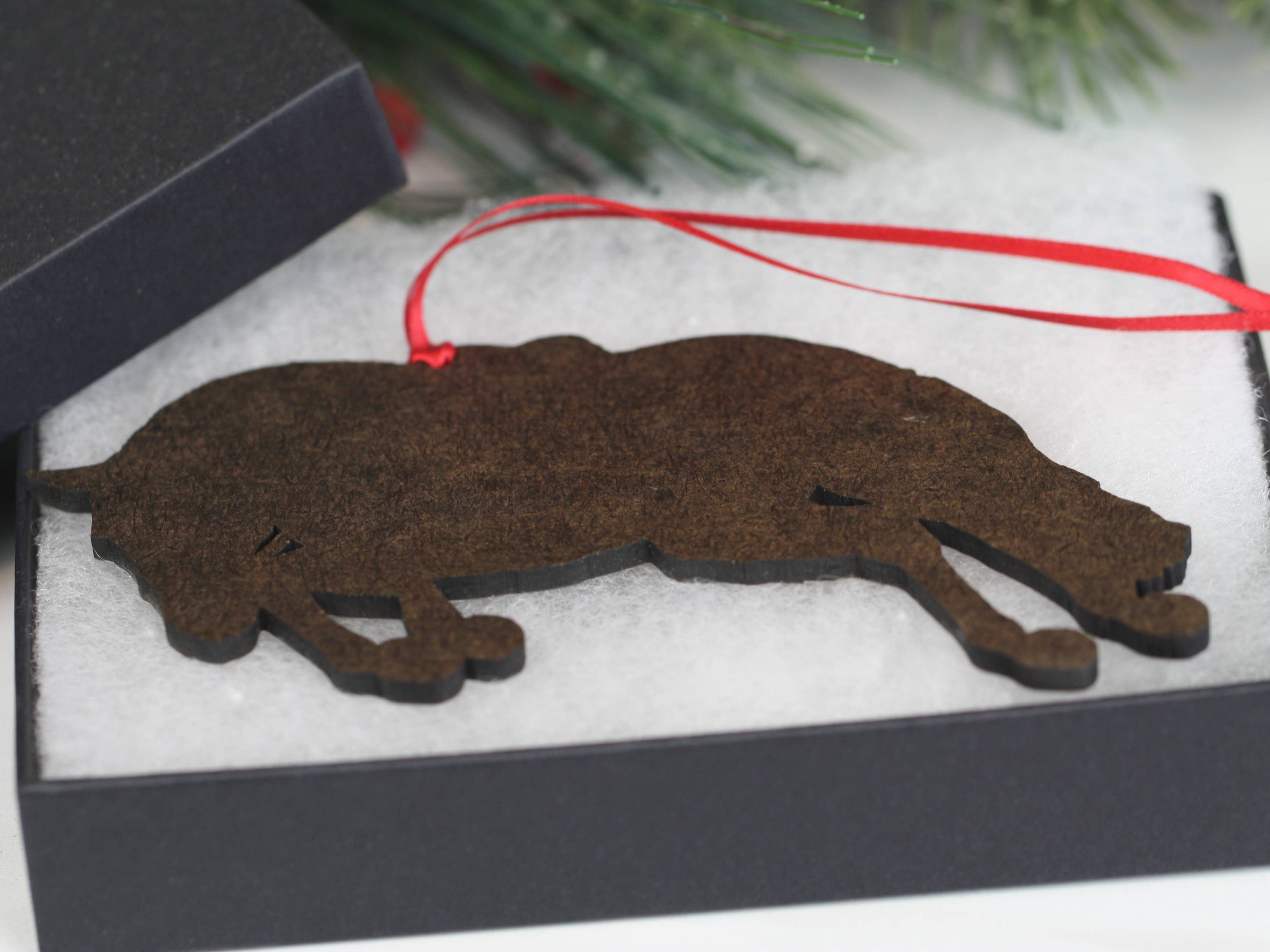 Handmade Bay Tobiano Hunter Jumper Horse Christmas Ornament, featuring a glossy finish and dark brown back, perfect for holiday decor.