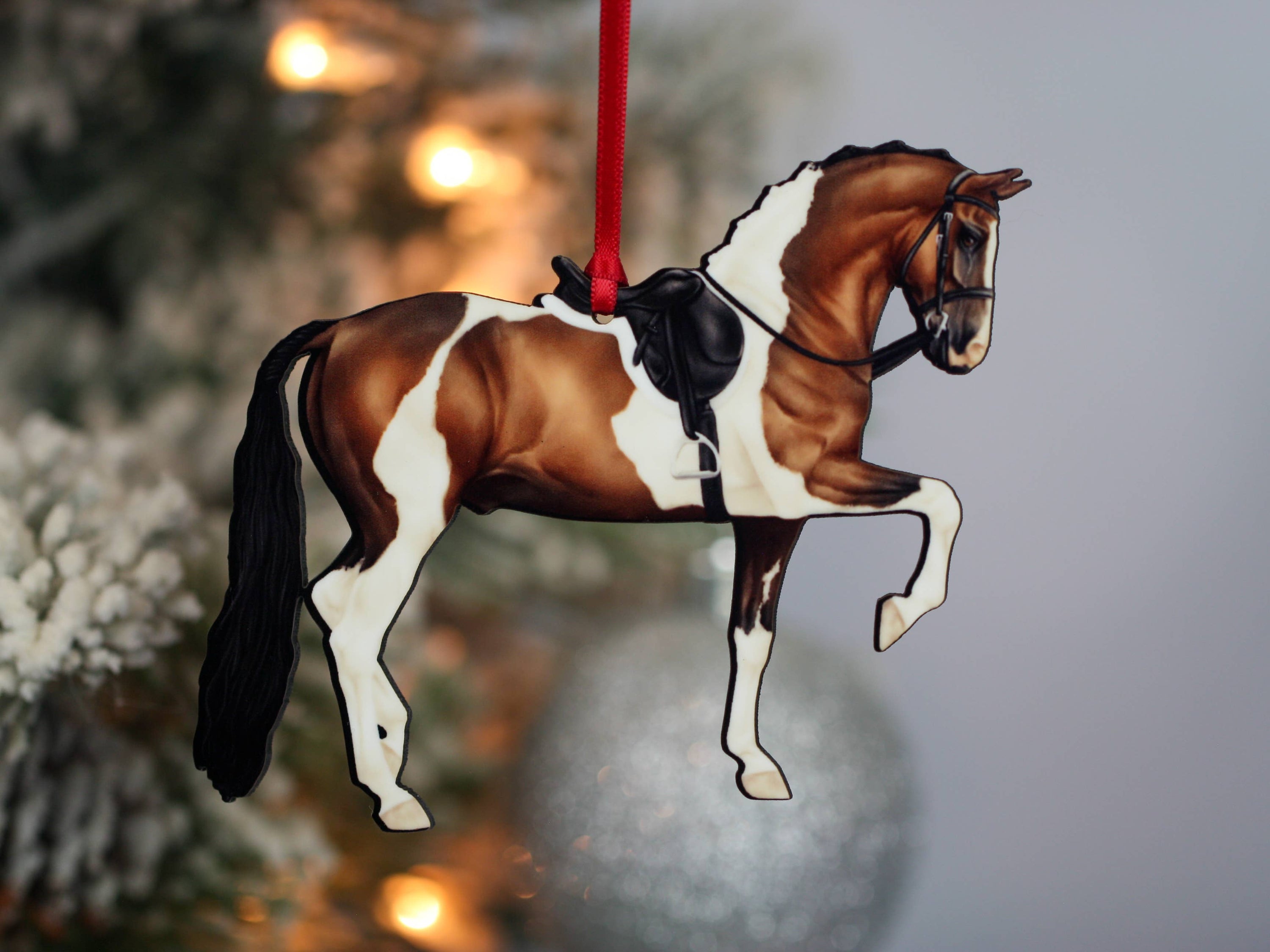 Bay Tobiano Morgan Horse Ornament, handmade from composite wood, featuring intricate laser-cut details and glossy finish, perfect for Christmas decoration.