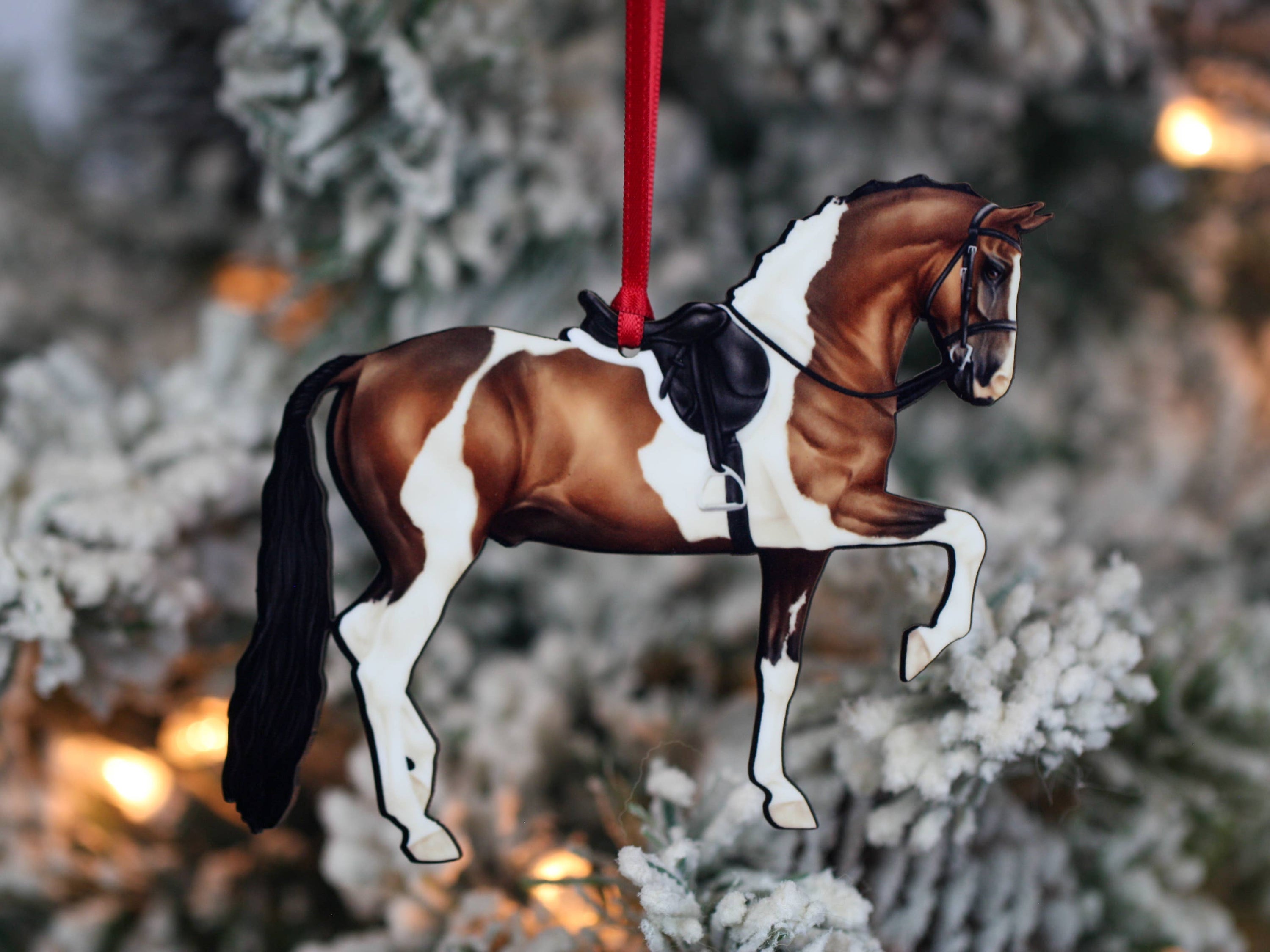Bay Tobiano Morgan Horse Ornament, handmade from composite wood, featuring intricate laser-cut details and glossy finish, perfect for Christmas decoration.