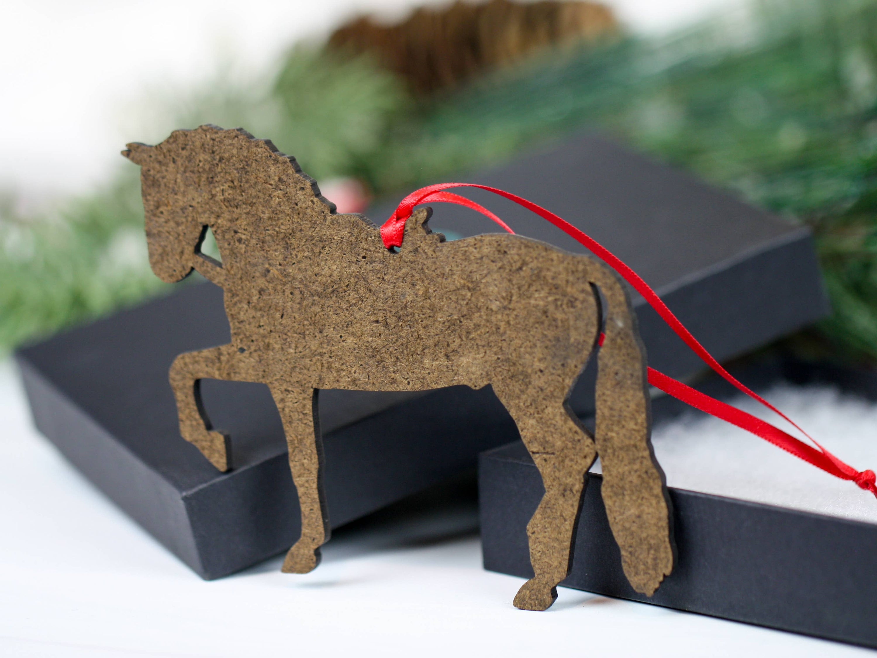 Bay Tobiano Morgan Horse Ornament, handmade from composite wood, featuring intricate laser-cut details and glossy finish, perfect for Christmas decoration.