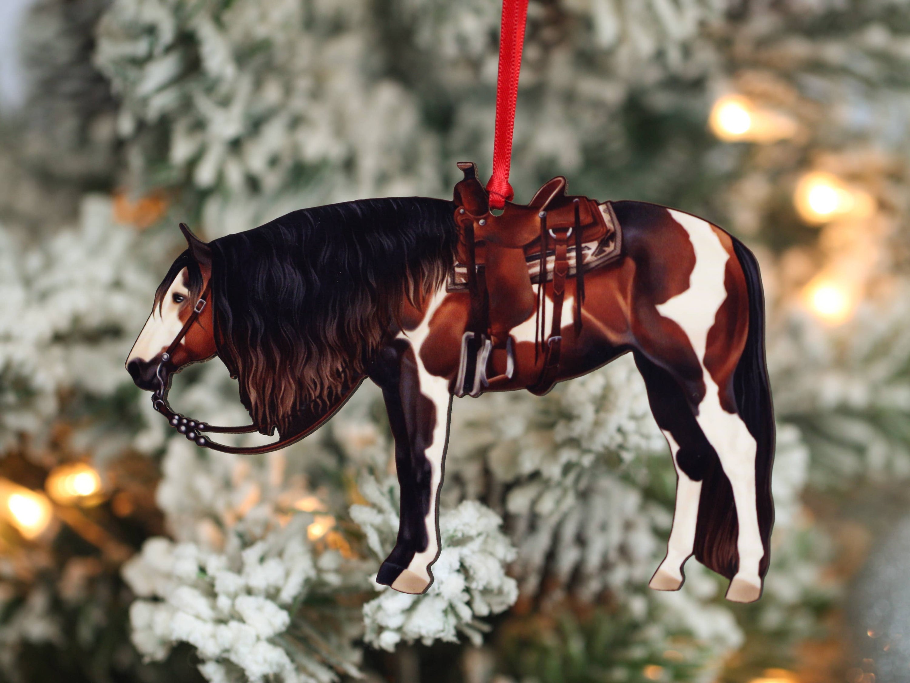 Bay Tobiano Western Horse Ornament, handmade from composite wood, featuring a glossy finish and intricate laser-cut design.
