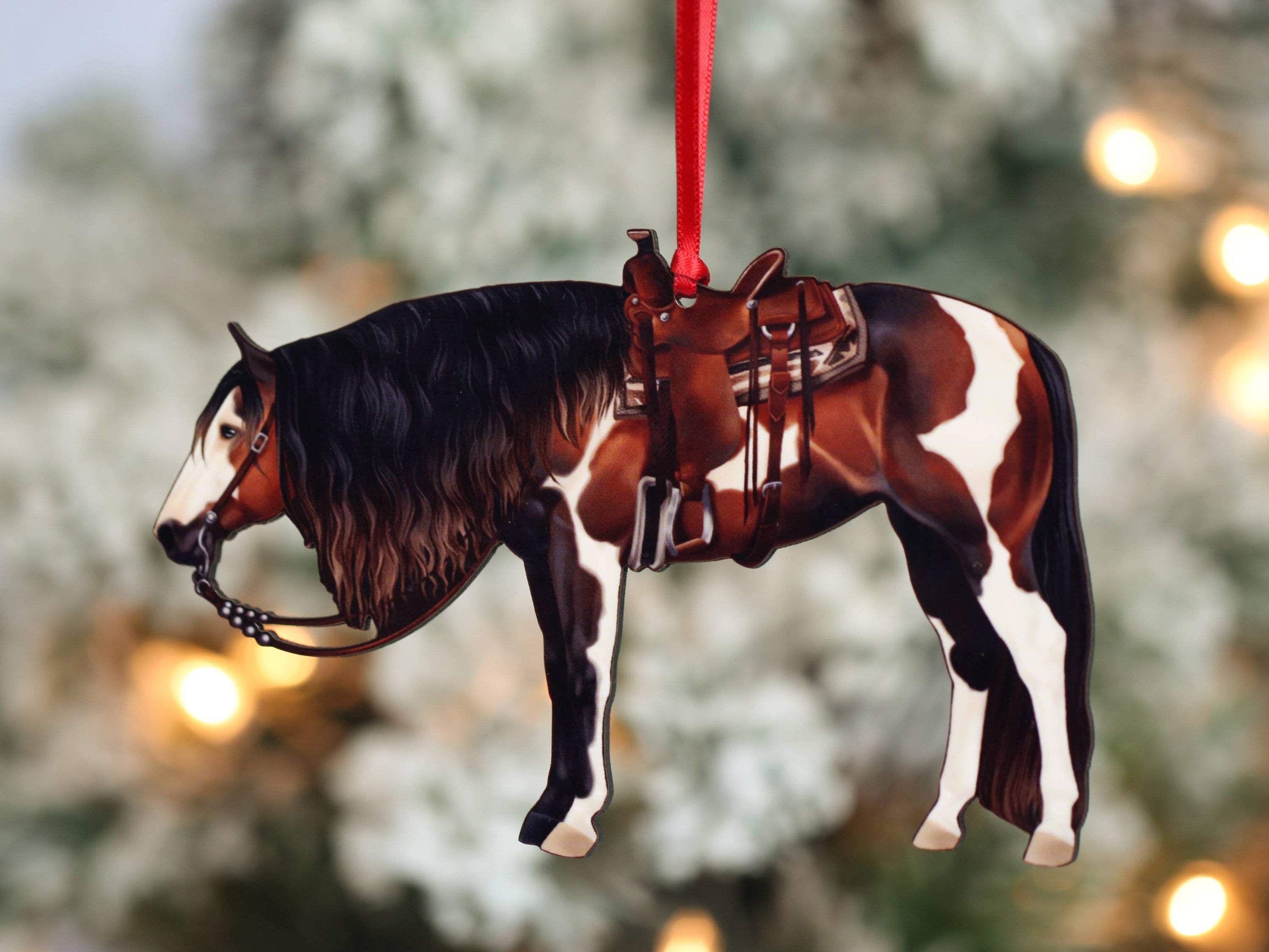 Bay Tobiano Western Horse Ornament, handmade from composite wood, featuring a glossy finish and intricate laser-cut design.