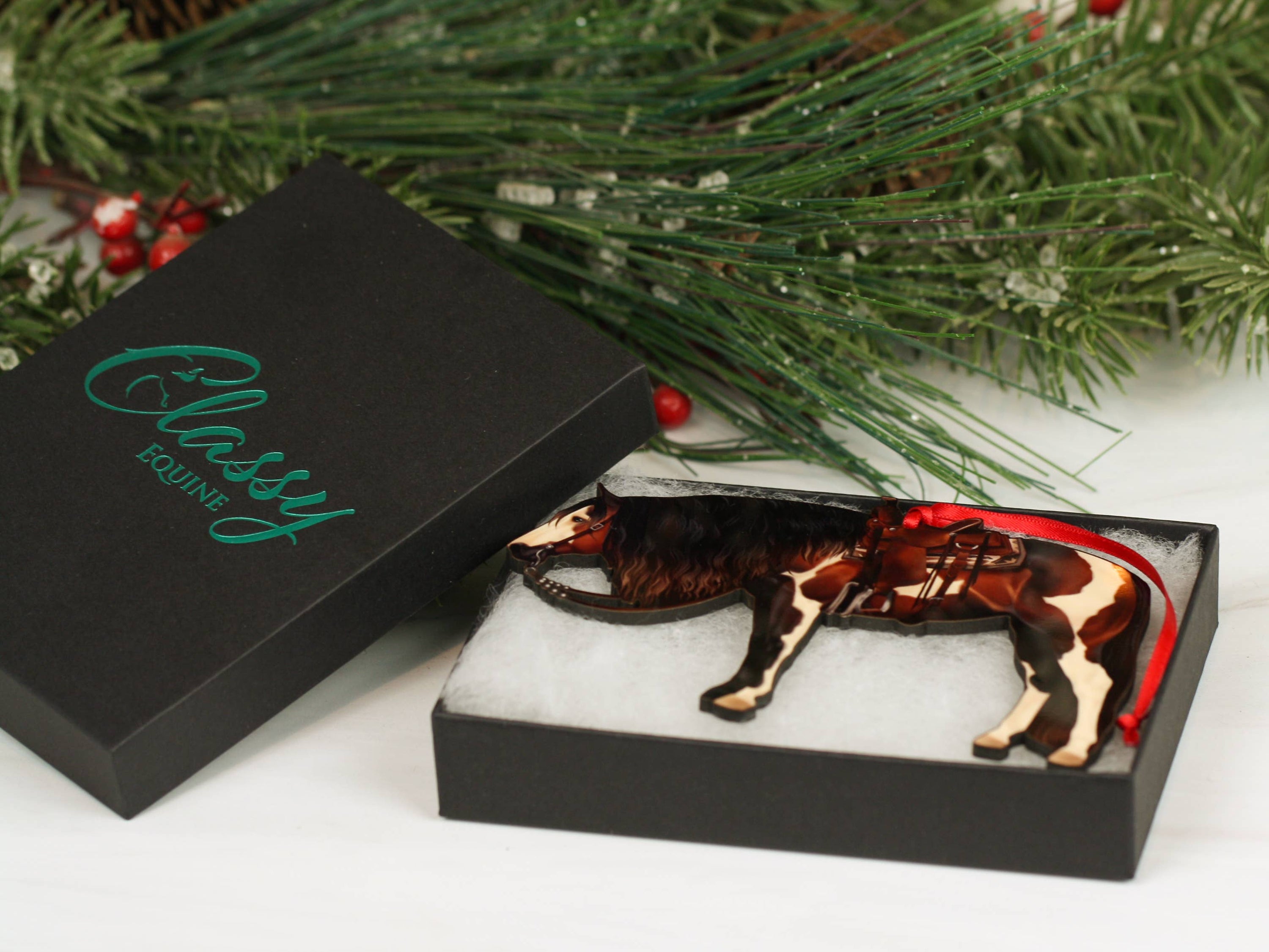 Bay Tobiano Western Horse Ornament, handmade from composite wood, featuring a glossy finish and intricate laser-cut design.