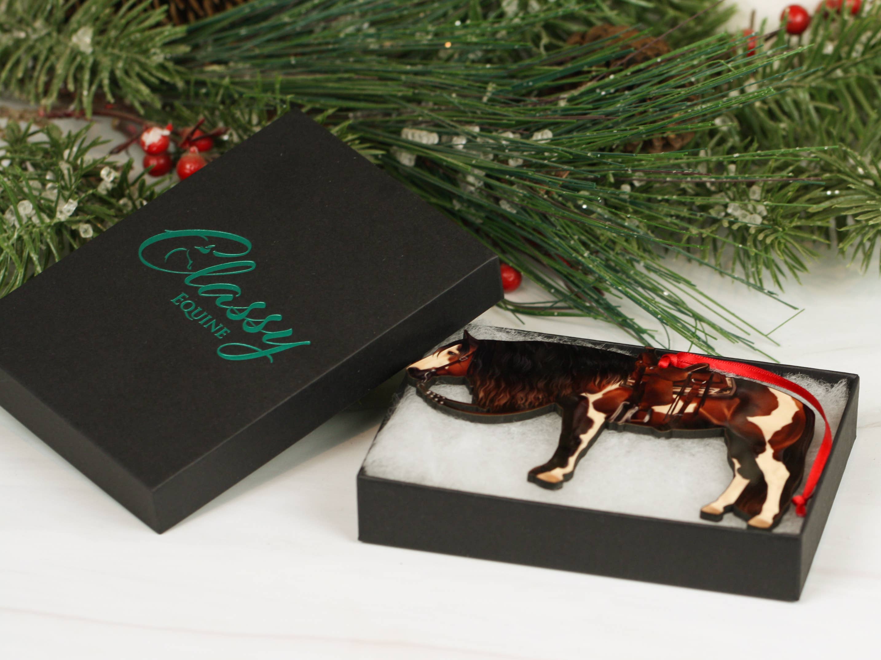Bay Tobiano Western Horse Ornament, handmade from composite wood, featuring a glossy finish and intricate laser-cut design.