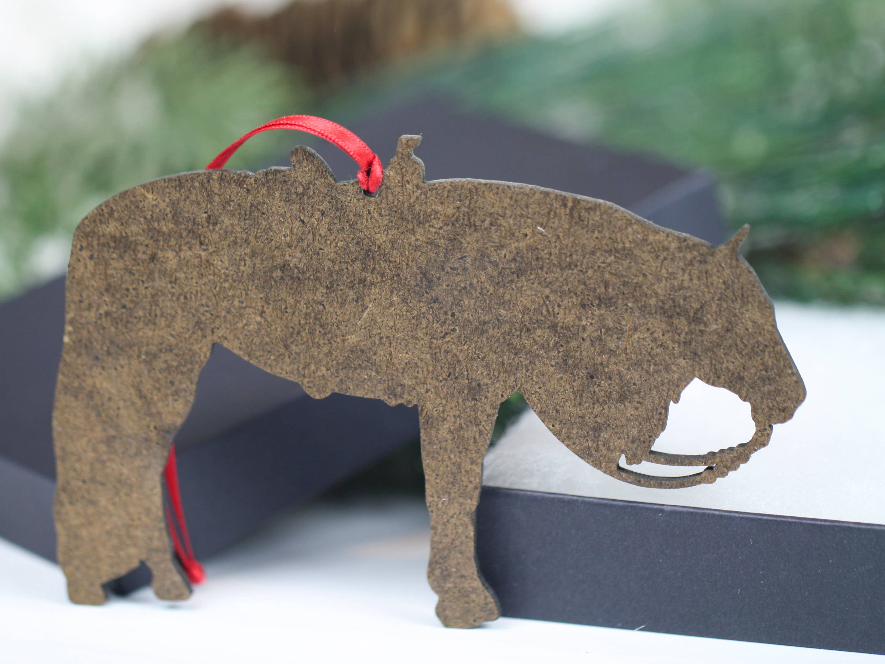 Bay Tobiano Western Horse Ornament, handmade from composite wood, featuring a glossy finish and intricate laser-cut design.