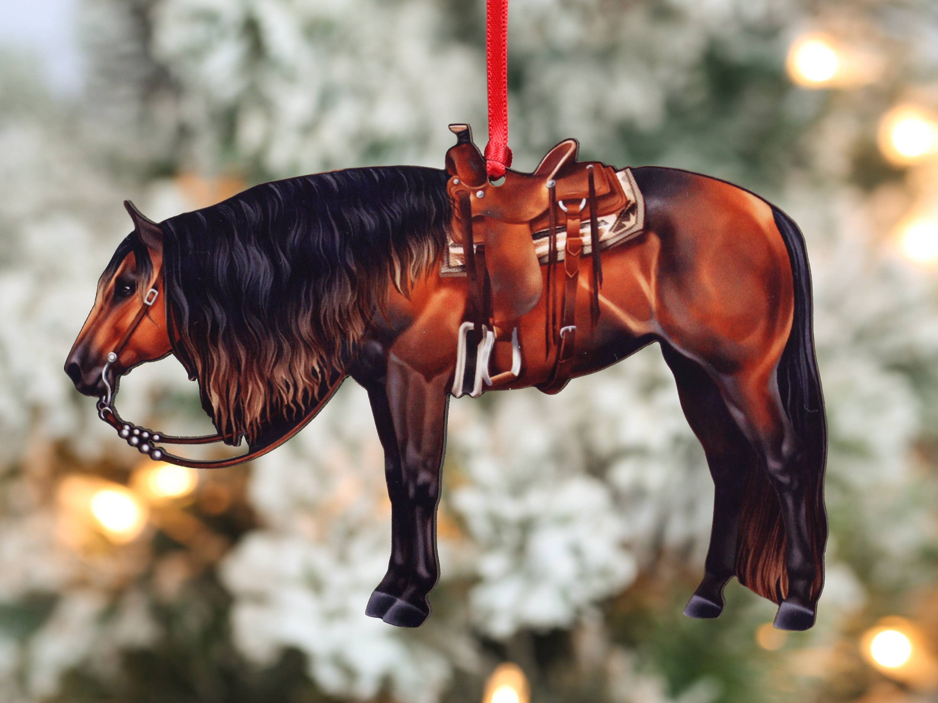 Bay Western Ranch Horse Ornament featuring a side profile of a bay Quarter horse, handmade from composite wood with a glossy finish.
