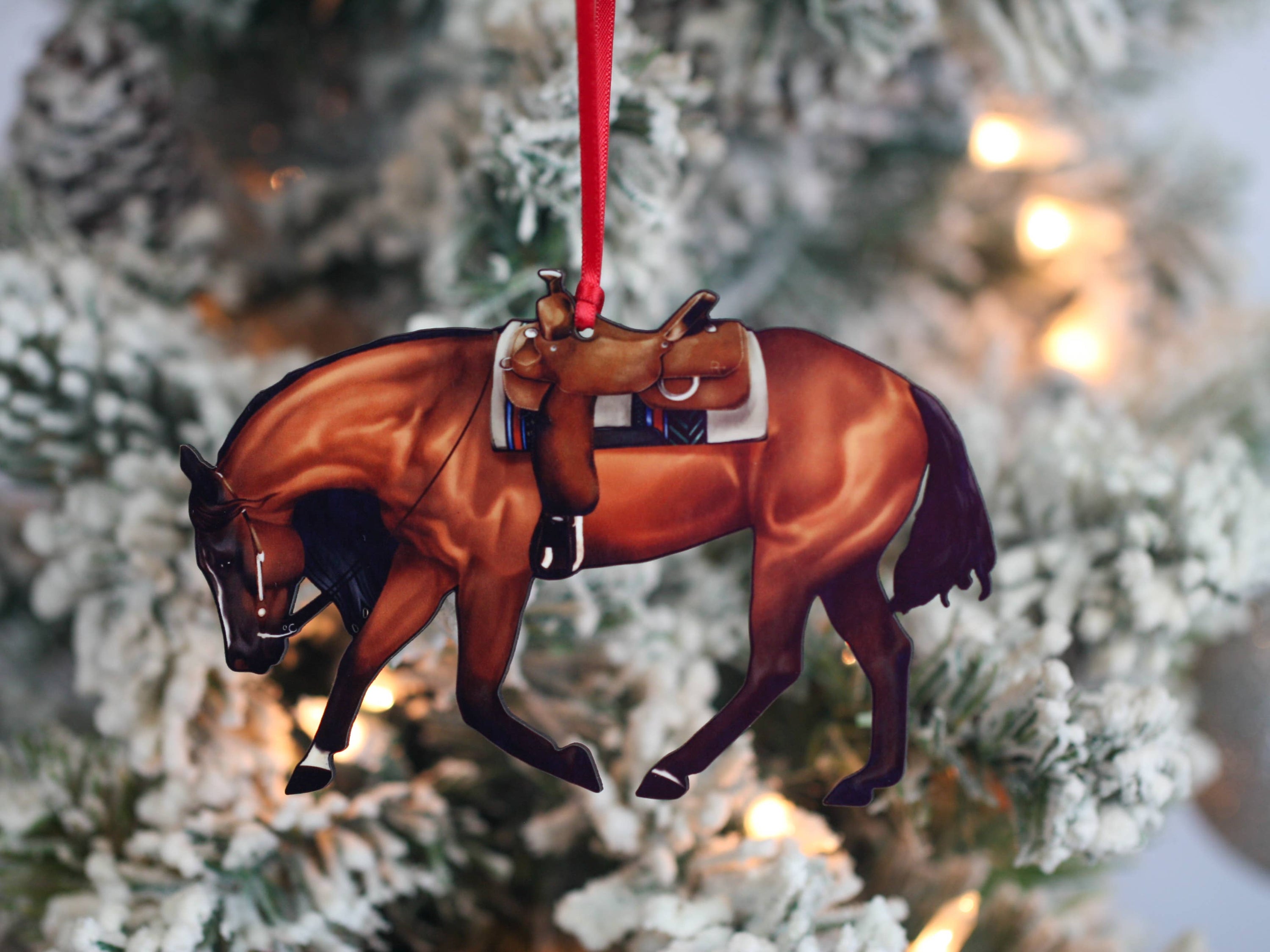 Bay Western Riding Christmas Ornament featuring a Quarter Horse, handmade from composite wood with red and black ribbons.