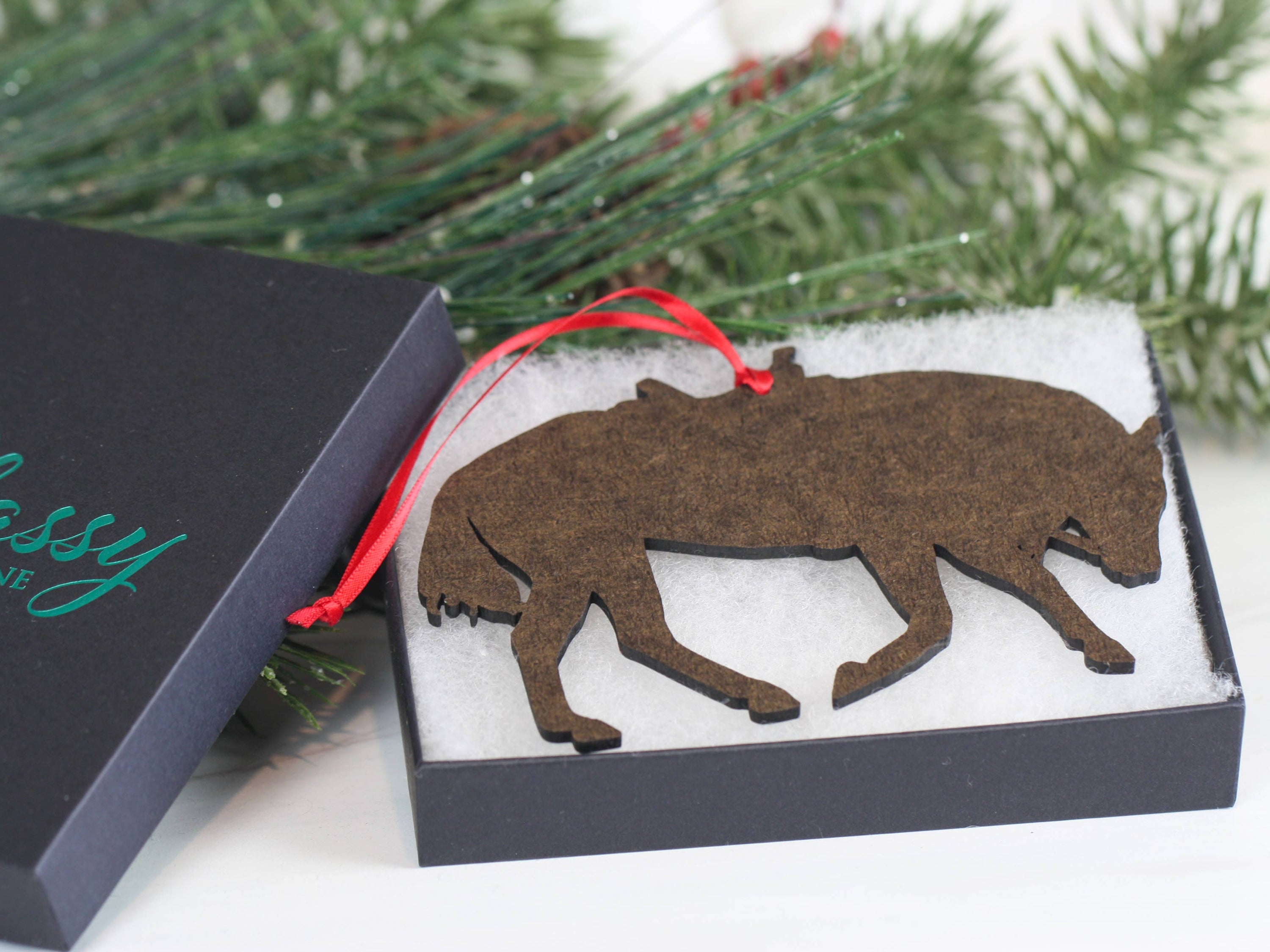 Bay Western Riding Christmas Ornament featuring a Quarter Horse, handmade from composite wood with red and black ribbons.