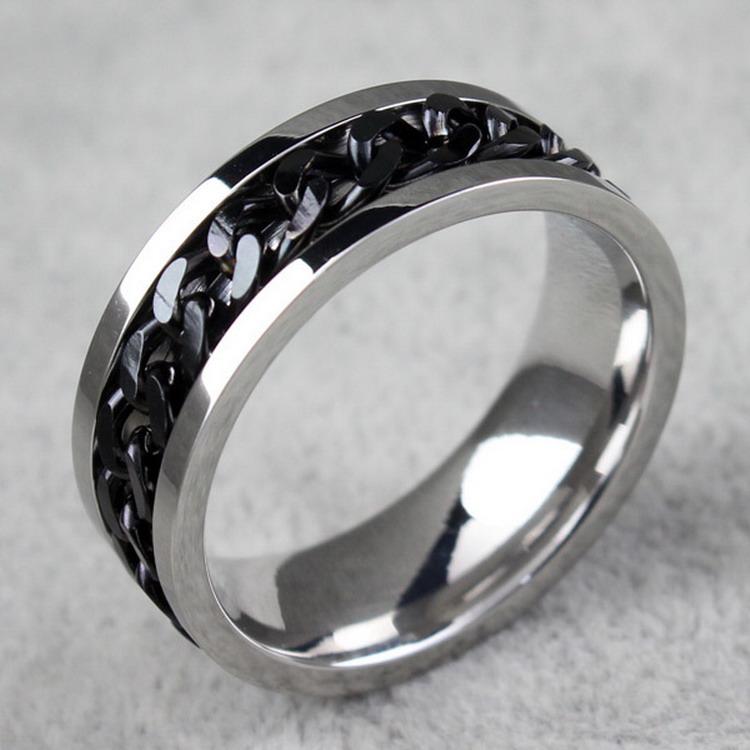 BC Jewelry Fashion Spinner Chain Ring for Men in Gold, Black, and Silver, showcasing a punk biker design with a chain pattern.