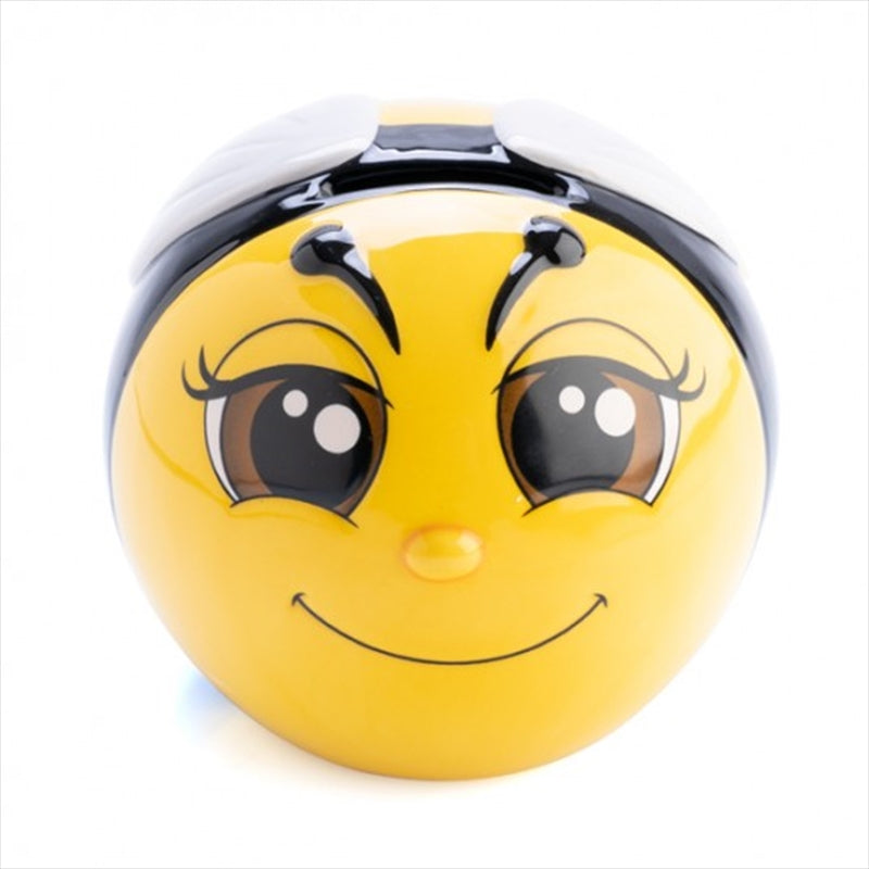 A vibrant yellow and black bumblebee-shaped money bank with a stinger tail, perfect for saving coins.