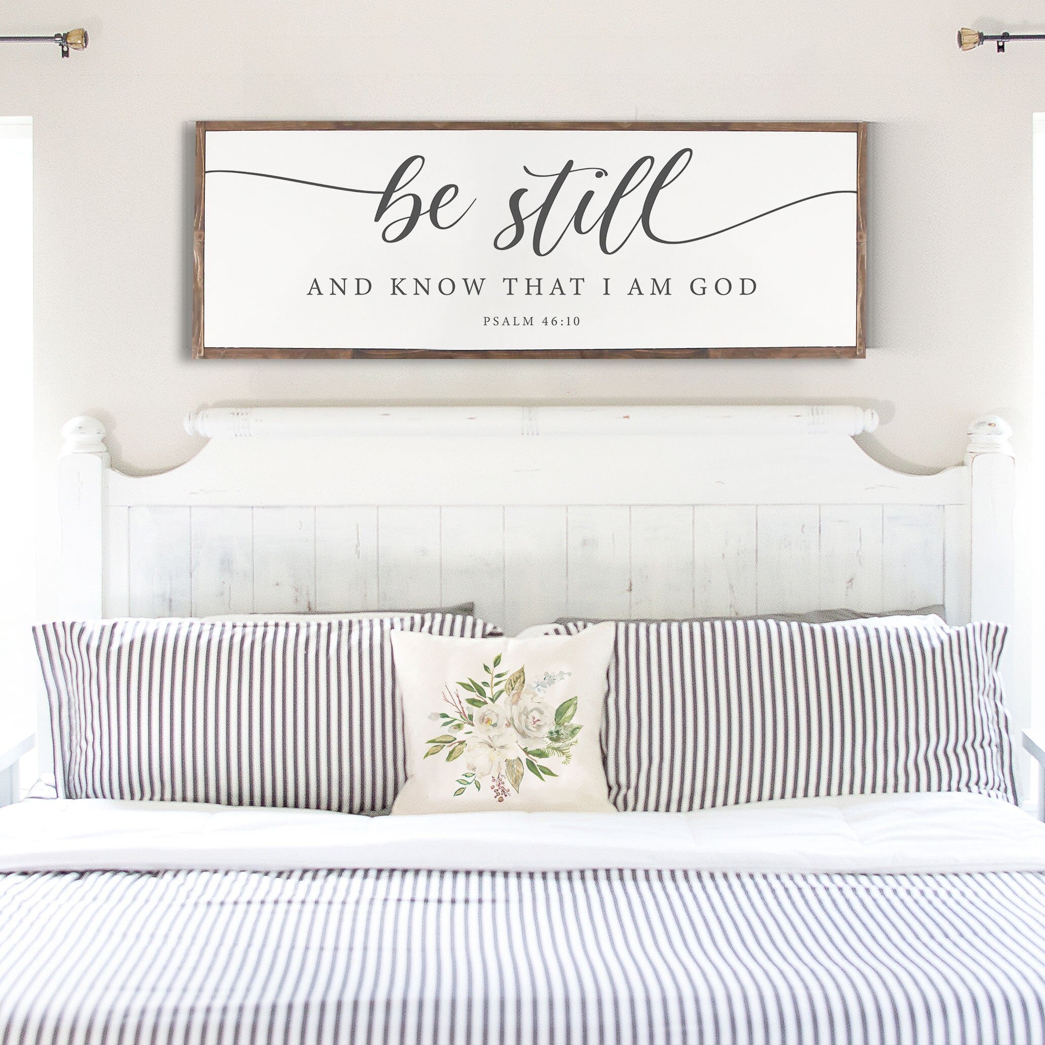 Hand-painted rustic wood sign with the phrase 'Be Still and Know That I Am God', featuring unique wood grain and dark walnut stain.