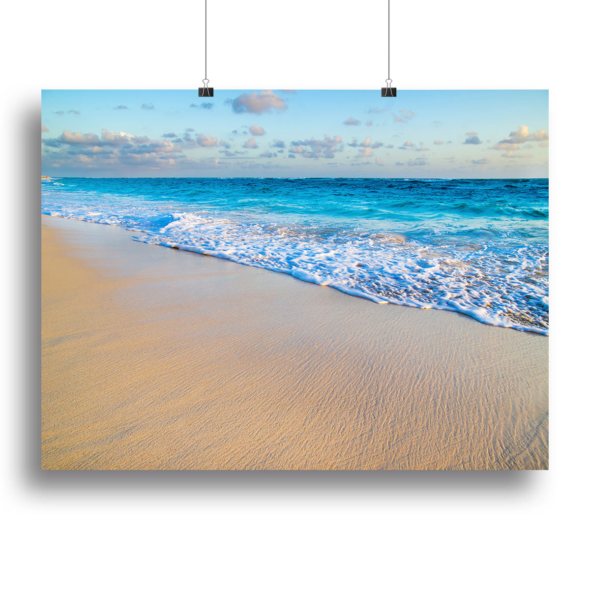 A vibrant canvas print featuring a beautiful tropical beach scene with clear blue waters and palm trees.