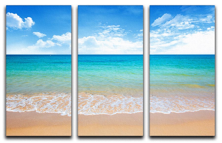 A beautiful 3-panel canvas print featuring a serene beach and tropical sea scene, showcasing vibrant colors and calming imagery.