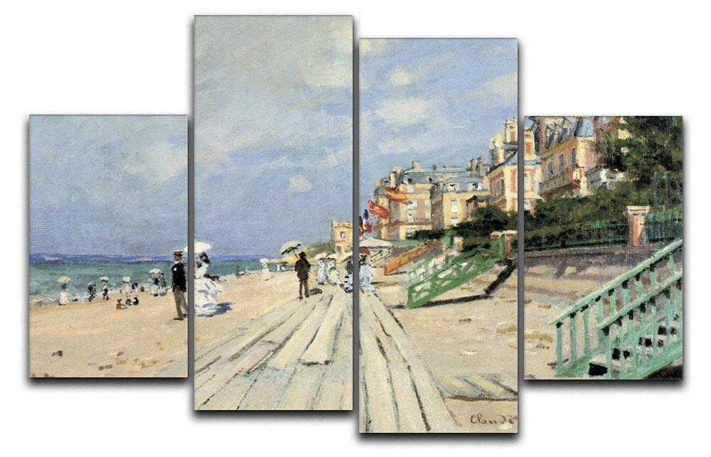 A beautiful 4-split canvas artwork depicting Beach at Trouville by Monet, showcasing vibrant colors and dynamic beach scene.